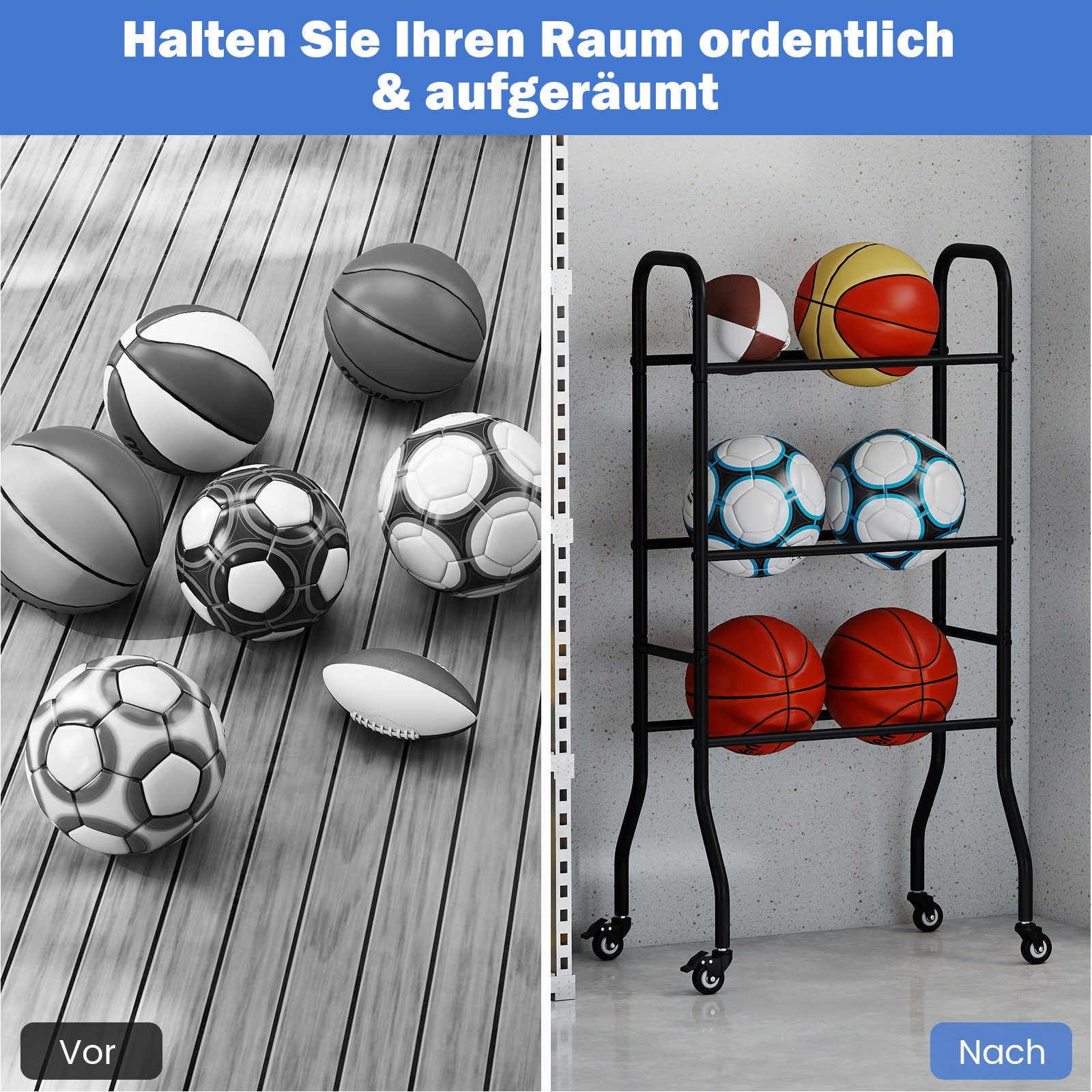 COSTWAY Sportgeräte-Regalwagen, Basketball Regal mit 4 Universalrädern, Metallrahmen