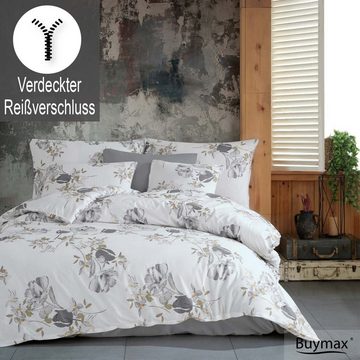 Bettwäsche, Buymax, Renforcé, 2 teilig, Bettbezug-Set 135x200 cm 100% Baumwolle mit Reißverschluss Blumen Weiß