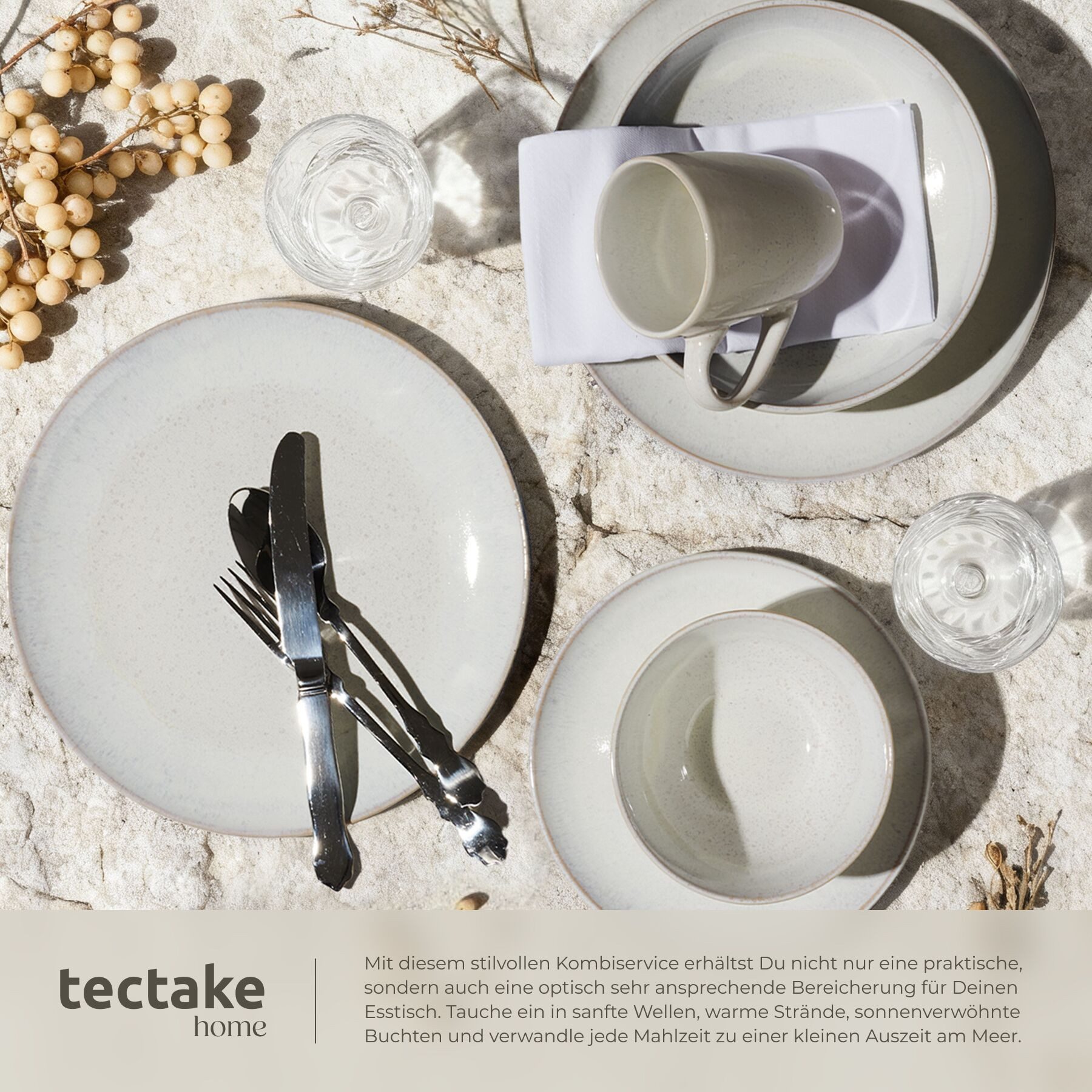 tectake Geschirr-Set Tafelservice aus Steingut für 6 Personen, ineinander stapelbar (30-tlg), 6 Personen, Steingut, handgefertigt, mit Glasur, spülmaschinen- un – Bild 5 von 5