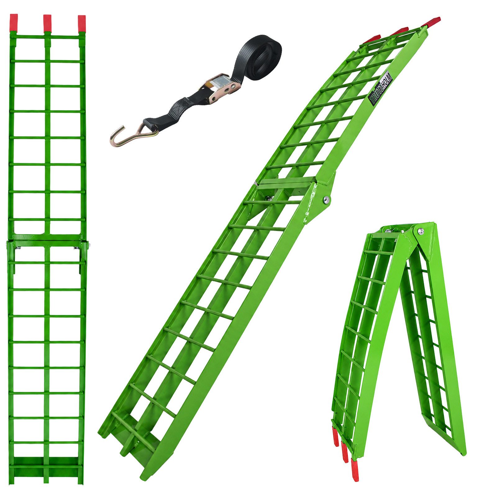 TRUTZHOLM Auffahrrampe Aluminium Länge 180 cm Traglast 340 kg klappbar Riffelstab grün (1-St., Inkl. 1x Spanngurt), Robuste Konstruktion, Klappmechanismus, platzsparend