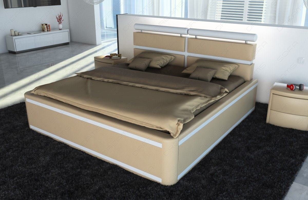 Dreams Premium mit LED Sofa mit mit LED im mit Topper, Kopfteil Bett Kunstleder Boxspringbett sandbeige-weiß Komplettbett Beleuchtung Matratze, Venedig Beleuchtung,