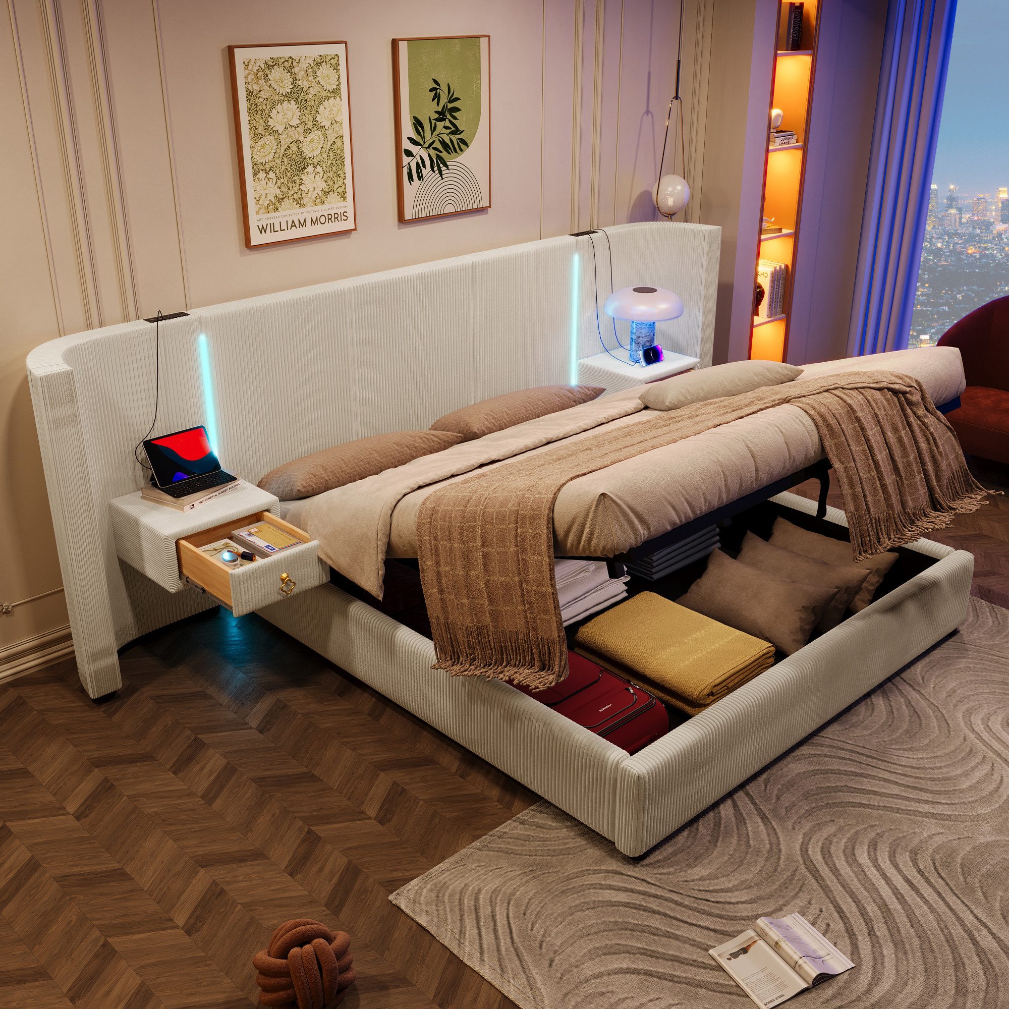Flieks Polsterbett, Hydraulisches Stauraumbett 180x200cm mit Led, 2 Nachtti günstig online kaufen