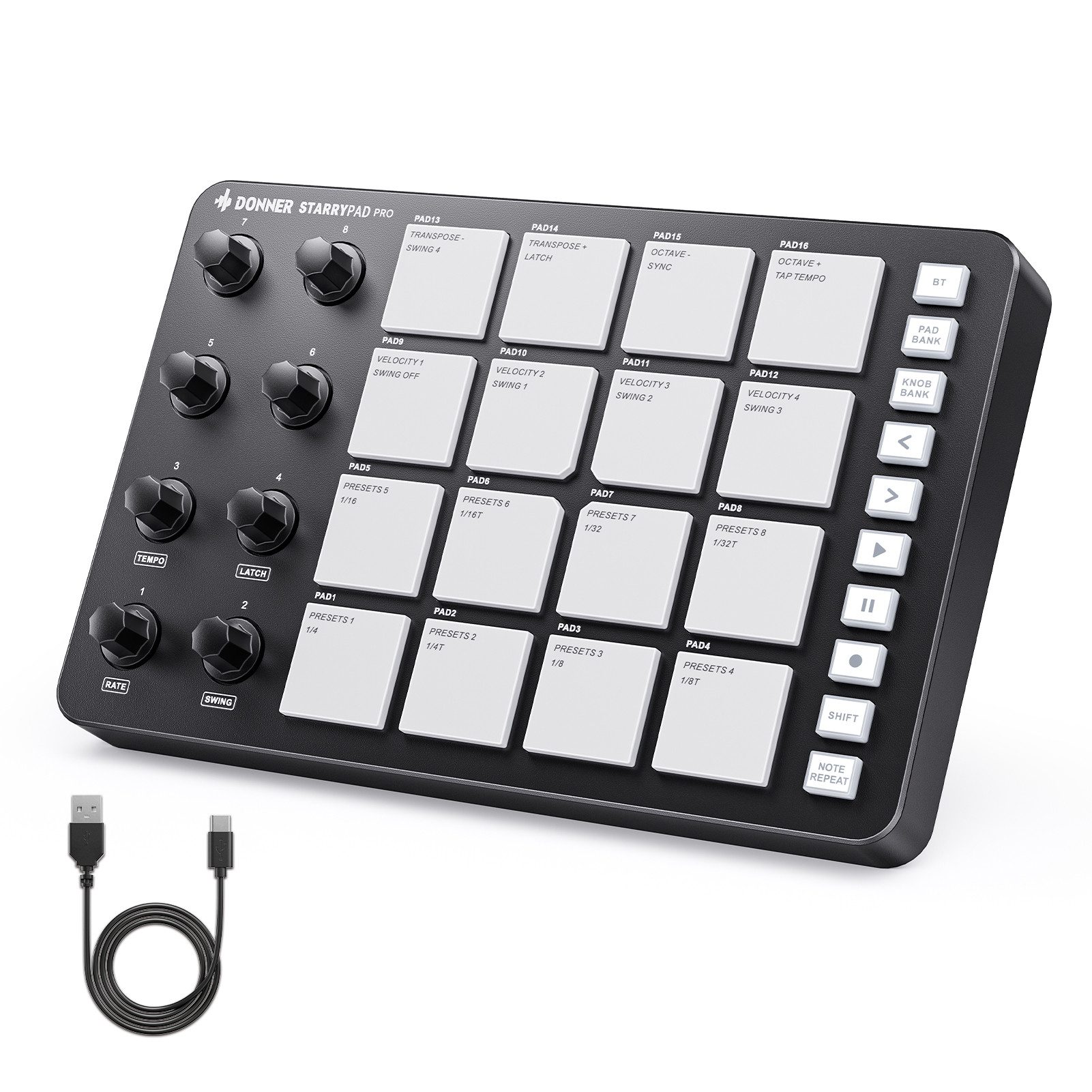 Donner Mischpult MIDI Pad DJ Controller Beat Maker USB MIDI Drum Machine STARRYPAD PRO, RGB-Pads, USB-MIDI