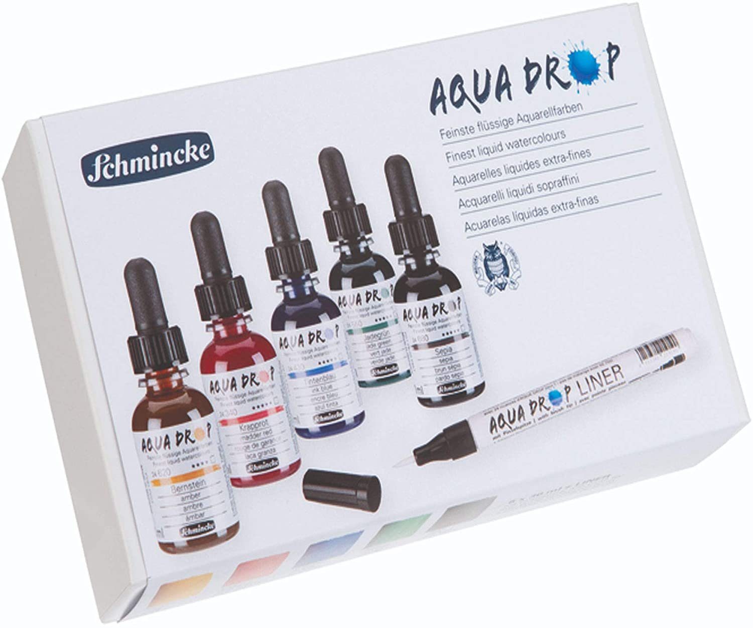 Schmincke Aquarellstifte AQUA DROP Aquarellfarben-Set 78005097, (6-tlg., 5x30ml, LINER mit Pinselspitze), Aquarell, Urban Sketching, Kalligrafie, Handlettering, Airbrush