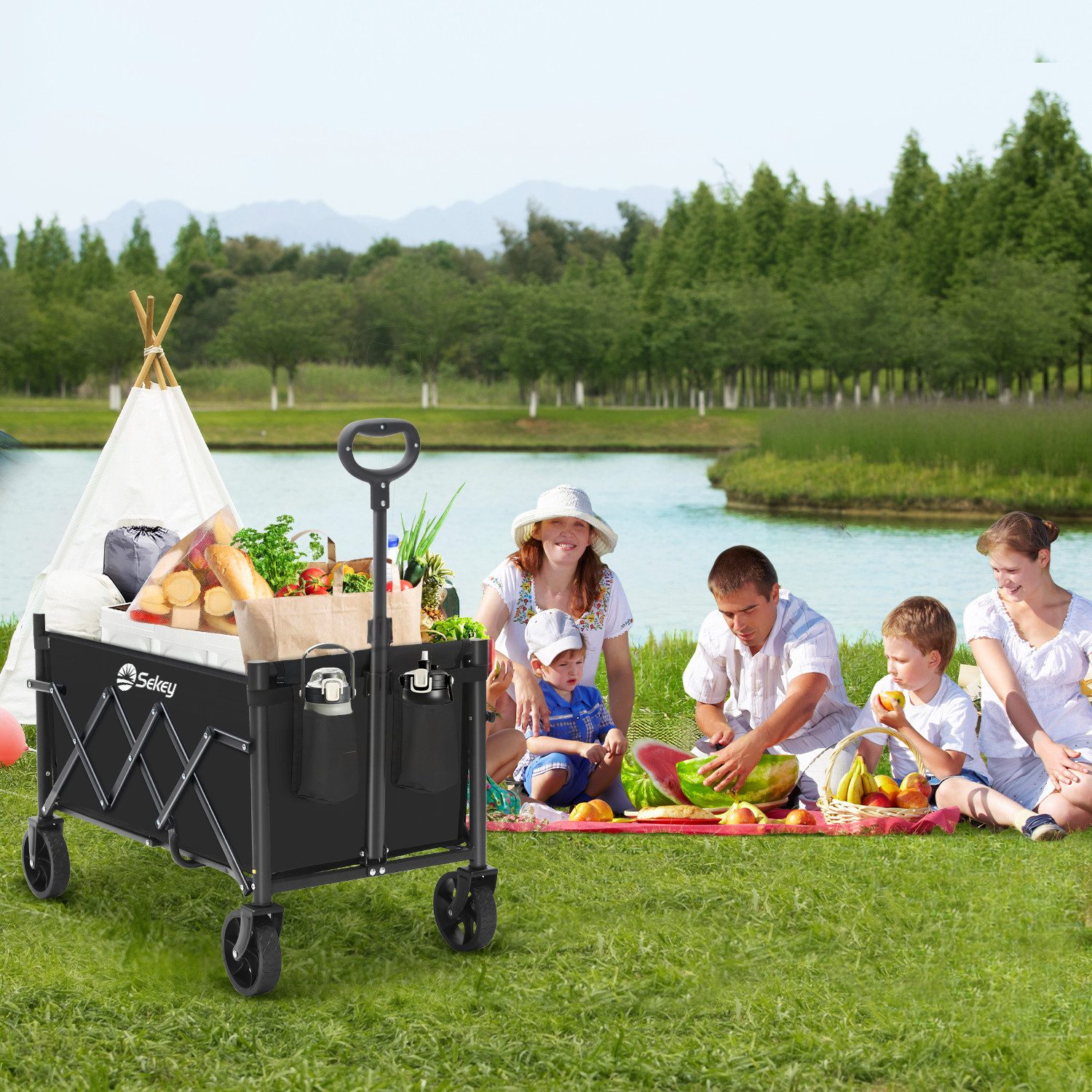 Sekey Bollerwagen Bollerwagen Faltbar mit Bremsen Klein Faltbarer Klappbarer Handwagen, Halbiertem Eigengewicht, 65L 80KG Bollerwagen Geländegängig