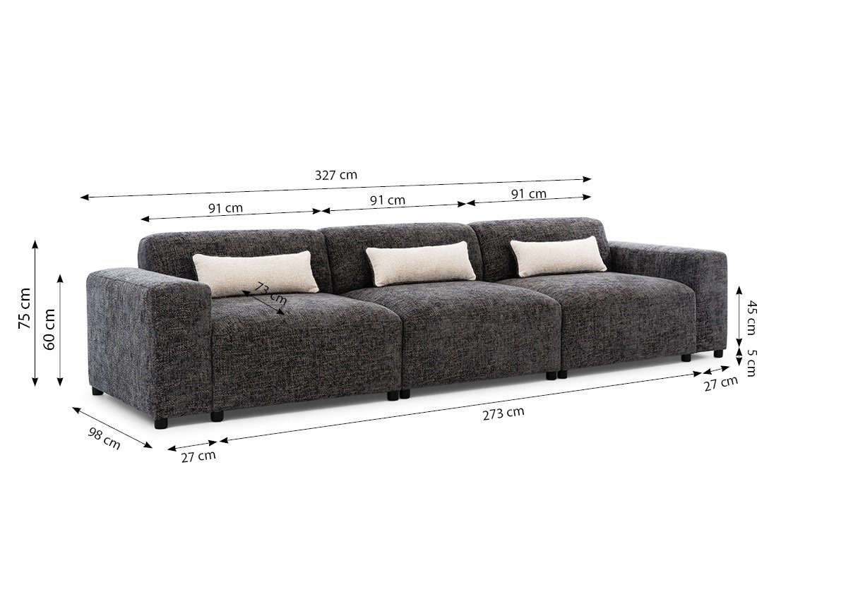 Fun Sofa Big-Sofa 4-Sitzer Zierkissen inkl. Möbel ROMY in Designersofa Stoff Grau 3 Me, Enjoy