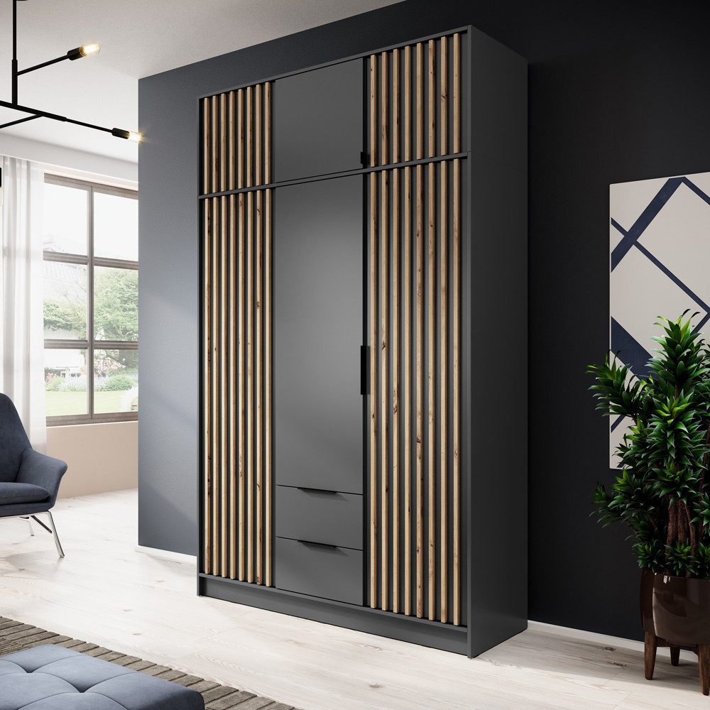 Lomadox Kleiderschrank NAMUR-160 mit Aufsatzschrank, Graphit mit Eiche Lamellen, 155 cm breit