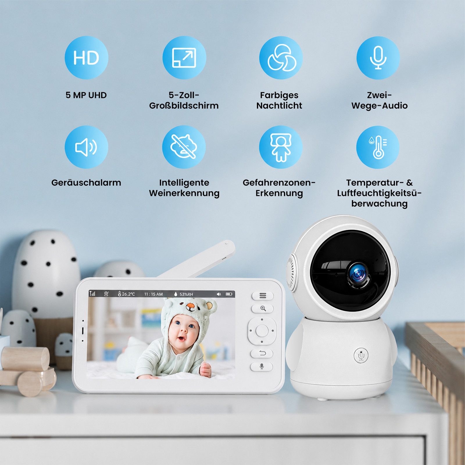 Whraills Babyphone Babyphone mit 3K 5MP Kamera, 5 Zoll 1080P OLED, Nachtsicht und App, Gegensprechfunktion, Schlaflieder, Schallerkennung, Datenschutz, Weinen-E – Bild 3 von 5