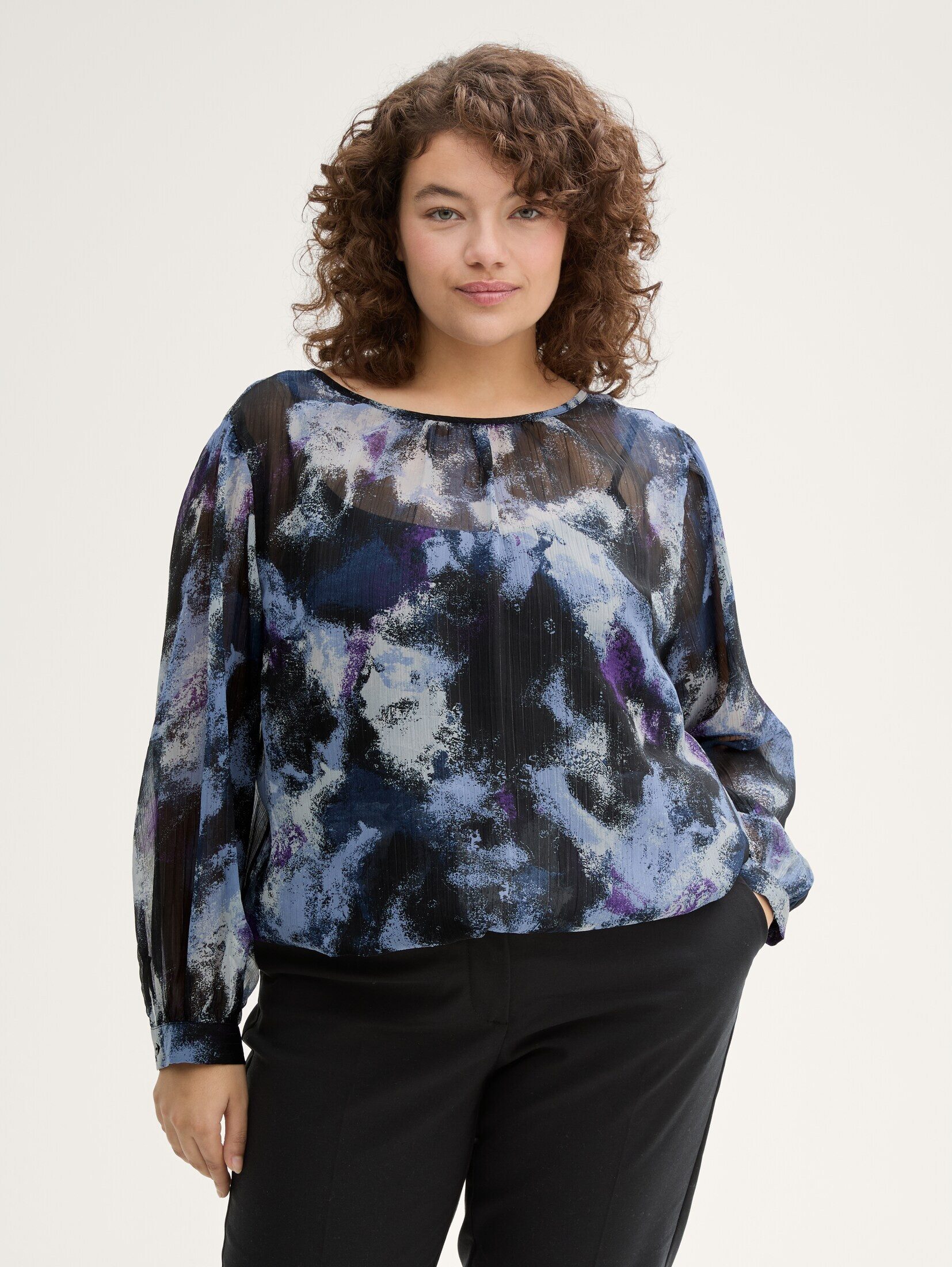 Langarmbluse Plus Size - Gemusterte Chiffon Bluse