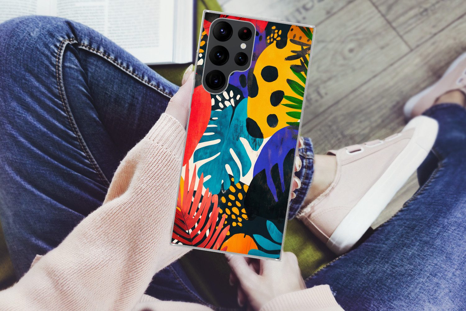 MuchoWow Handyhülle für Samsung Galaxy S22 Ultra Blätter - Formen - Abstrakt - Farbenfroh, Phone Case, Silikon, Schutzhülle Dünn