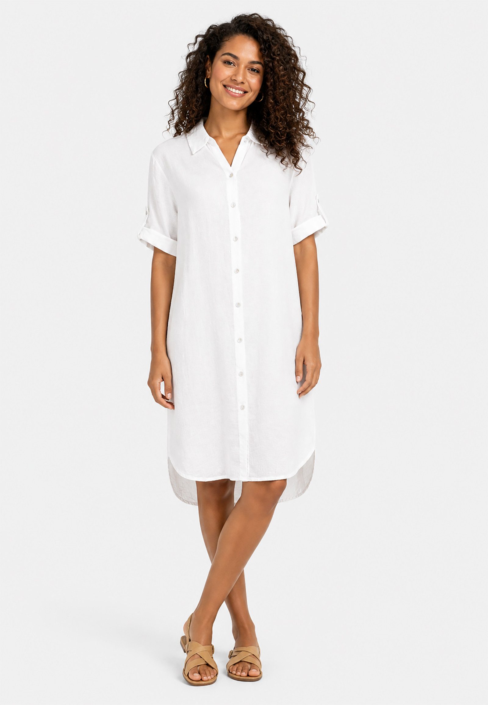 Eight2Nine Shirtkleid Kurzarm Knopfleiste Gerade Passform für Damen (lang, 1-tlg) Leinen Normal Fit Kentkragen Kurzarm Einfarbig atmungsaktiv