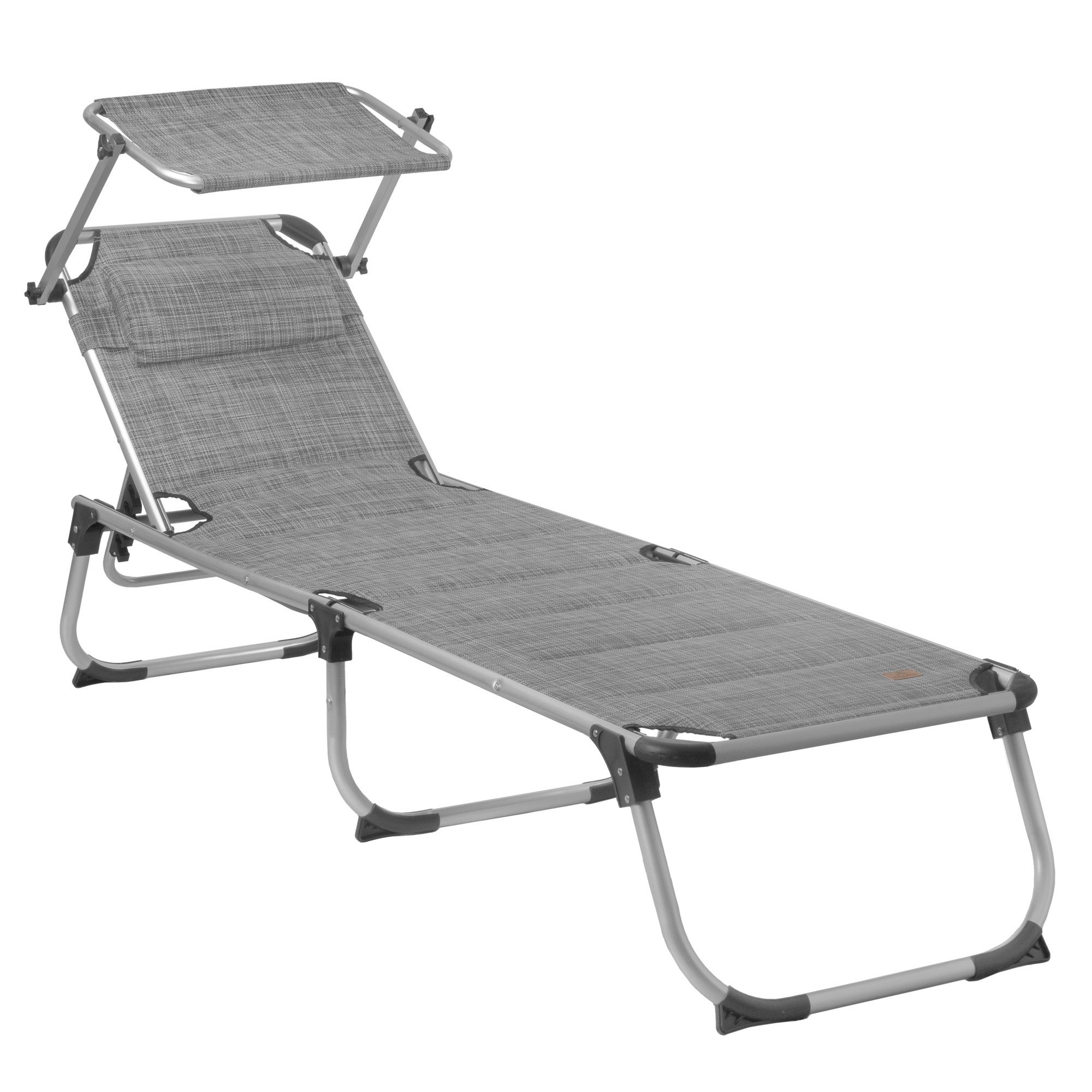 Gartenliege Sonnenliege mit Dach, Grau Meliert, Alu Campingliege, Gartenliege