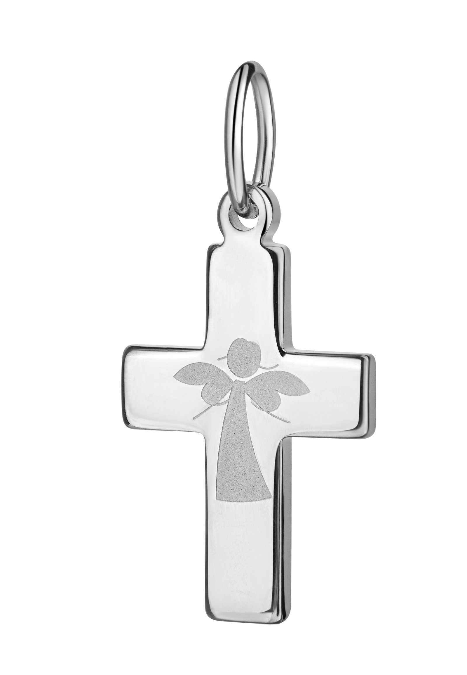 JEVELION Kreuzanhänger Kreuz Anhänger 925 Sterlingsilber mit Engelgravur (Silberkreuz, für Damen), Silber-Anhänger - Made in Germany