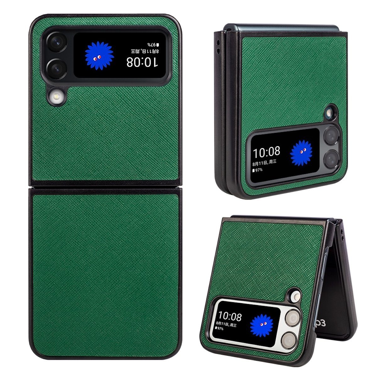 Wigento Handyhülle Für Samsung Galaxy Z Flip4 5G Design Cross Texture Cover Handy Tasche Hülle Etuis Muster Grün