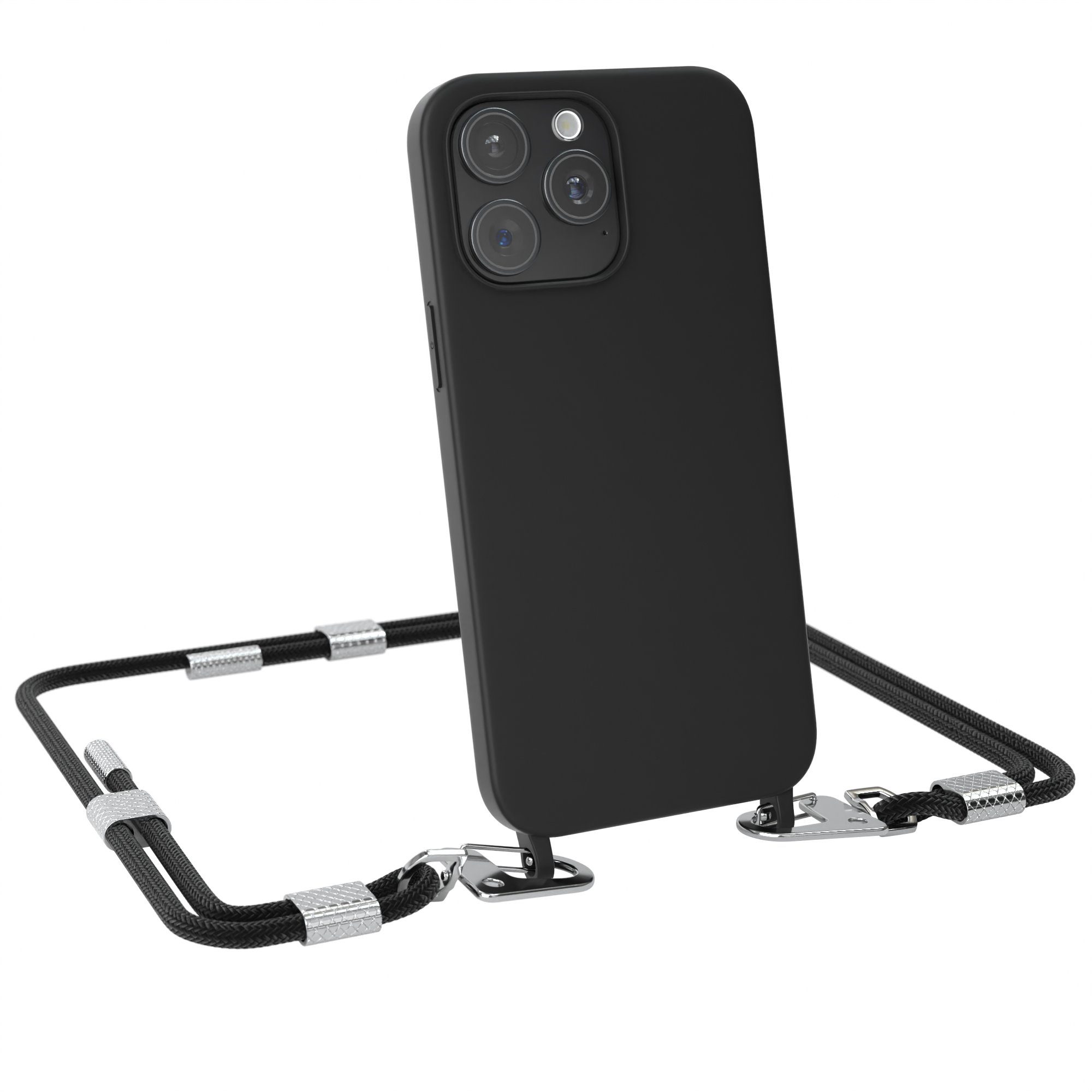 EAZY CASE Handykette Carabiner Chain für Apple iPhone 15 Pro Max 6,7 Zoll, Ketten Hülle Cross Bag Case Kettenhülle abnehmbare Kordel in Schwarz