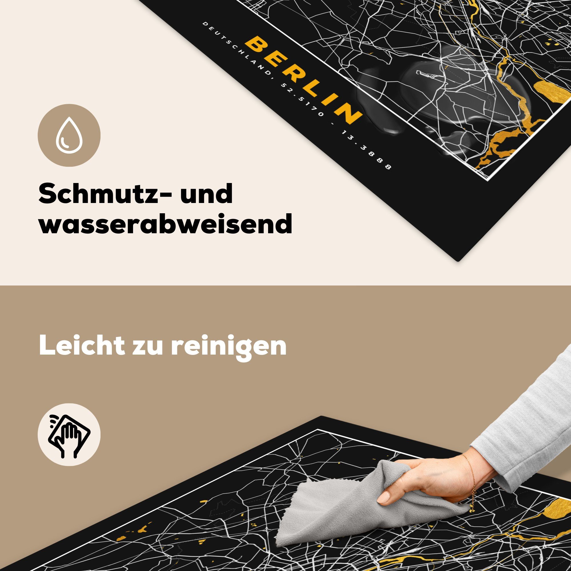 Stadtplan - cm, 78x78 für Berlin - Ceranfeldabdeckung, Karte - küche MuchoWow - Arbeitsplatte Gold, (1 Herdblende-/Abdeckplatte Vinyl, Deutschland tlg),