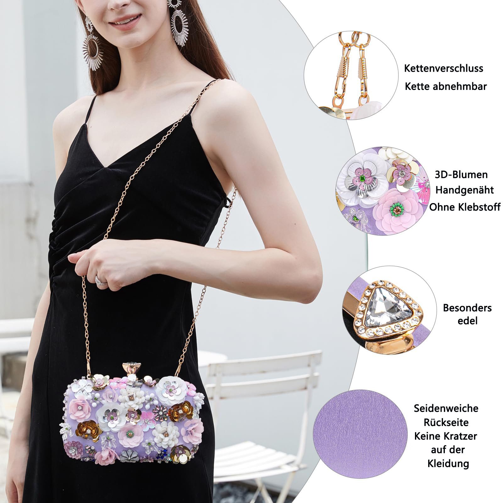 Zaewry Abendtasche Damen-Clutch mit Blumenmuster, Abendhandtasche, Schultertasche, mit Kettenriemen – Bild 5 von 5