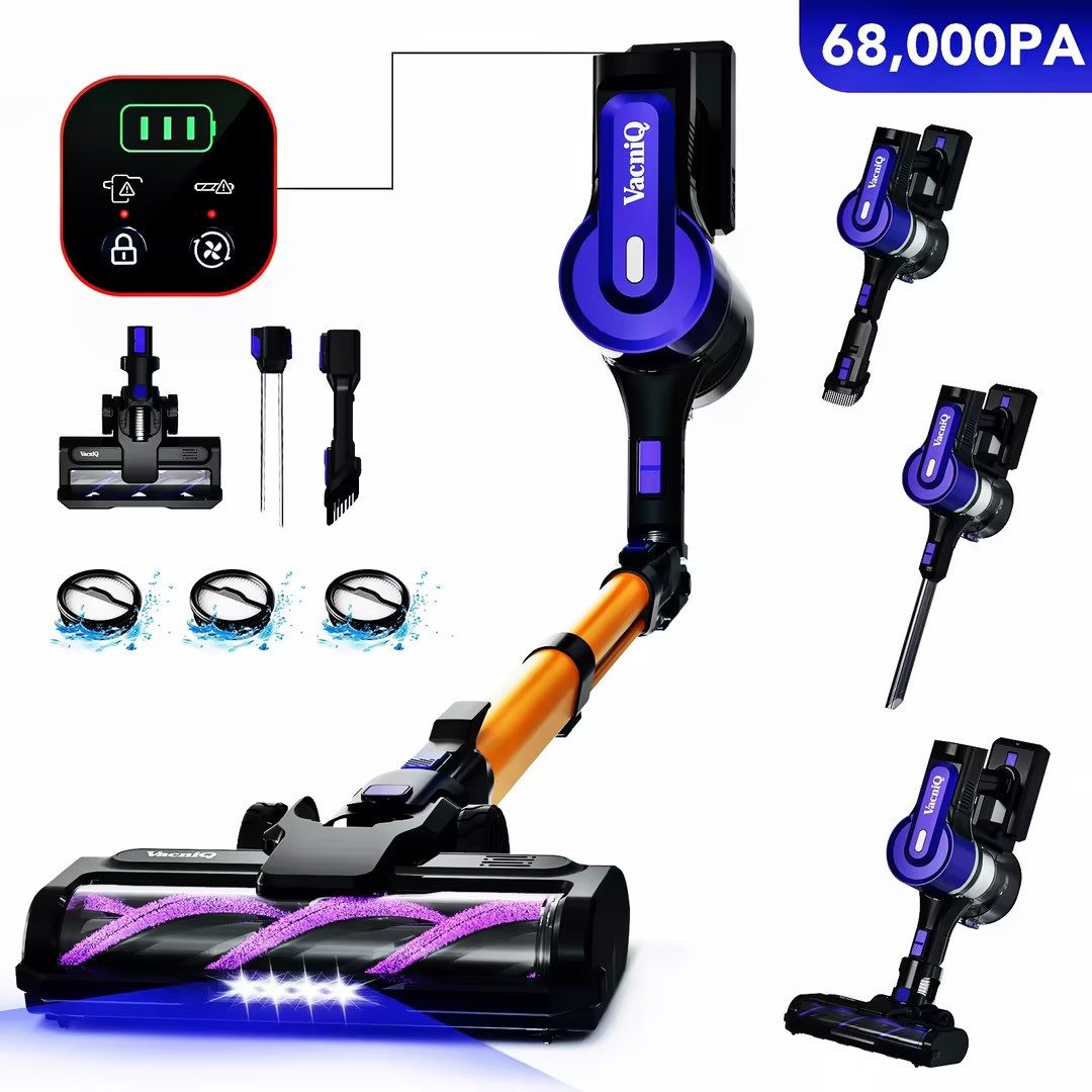 VacniQ Akku-Hand-und Stielstaubsauger 68.000 Pa Kabelloser Staubsauger 580 W Akku Staubsauger beutellos, 580 W, beutellos, Akku Staubsauger, Staubsauger, 68KPa, 60 Minuten, 1 L, 1.6kg