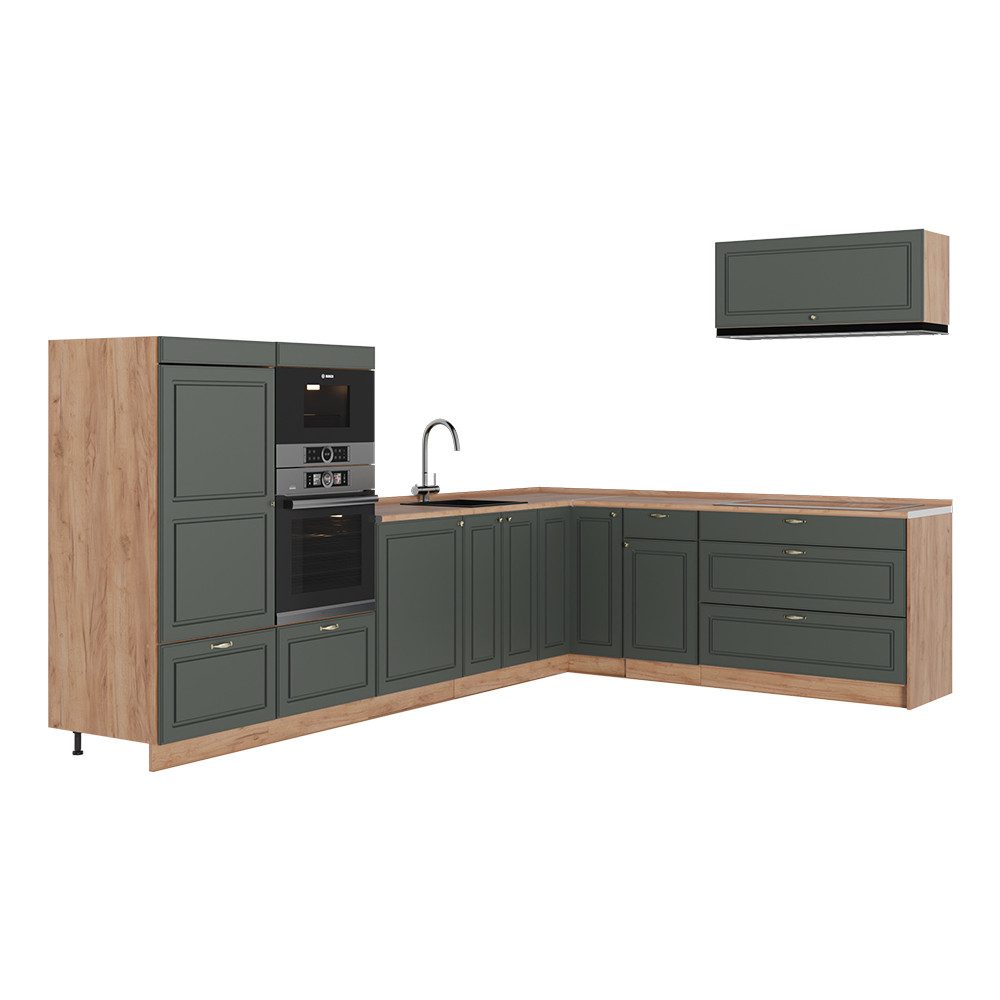 Vicco Winkelküche Fame-Line, Grün-Gold Landhaus/Goldkraft Eiche, 327 x 227 cm, AP Eiche