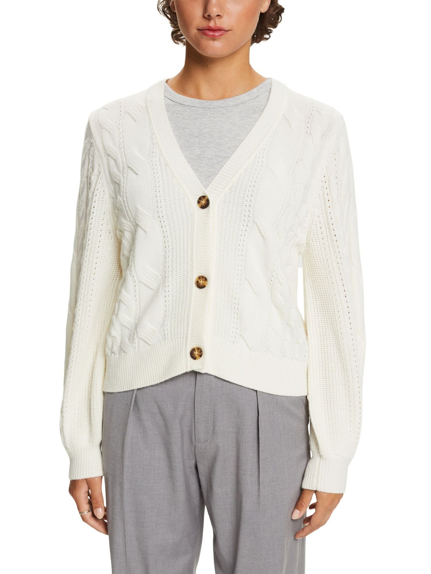 WHITE Strickjacke (1-tlg) OFF Esprit Wollmix Cardigan aus Zopfstrick,