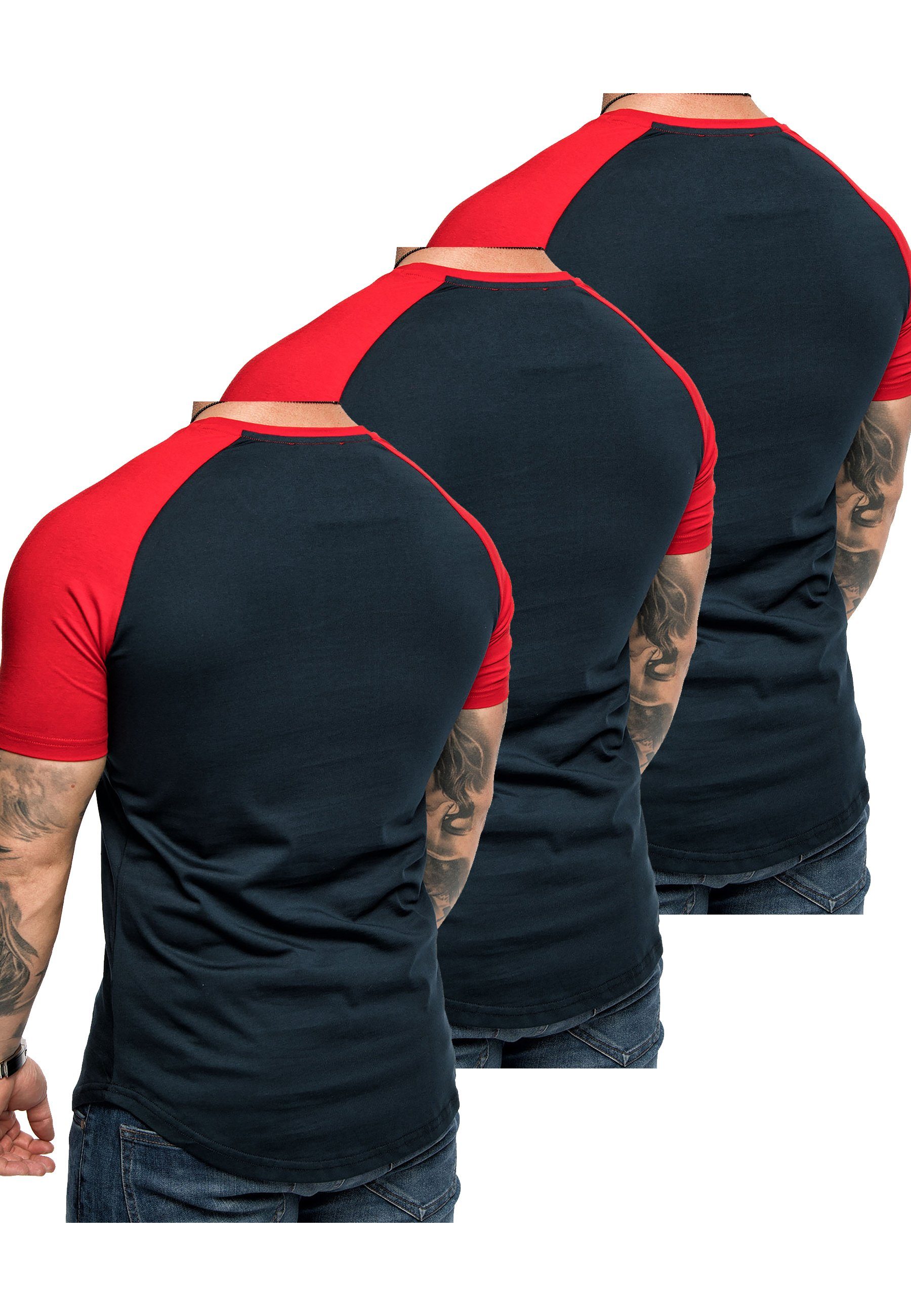 (3er-Pack) (3x Amaci&Sons T-Shirt OMAHA 3er-Pack 3. Raglan Kontrast Oversize Herren Basic Navyblau/Rot) T-Shirts T-Shirt