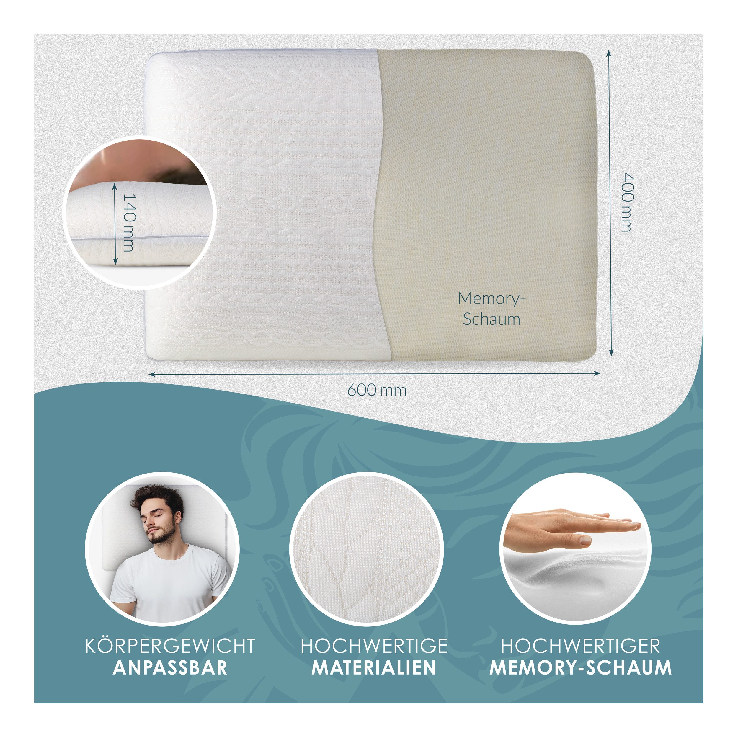 NTG Nutzfahrzeug Technik GmbH Kopfkissen Orthopädisches Memory Foam Kopfkissen Ergonomisches Nackenstützkissen, Atmungsaktiv, Ergonomisch, Hypoallergen, Kissenb – Bild 4 von 5
