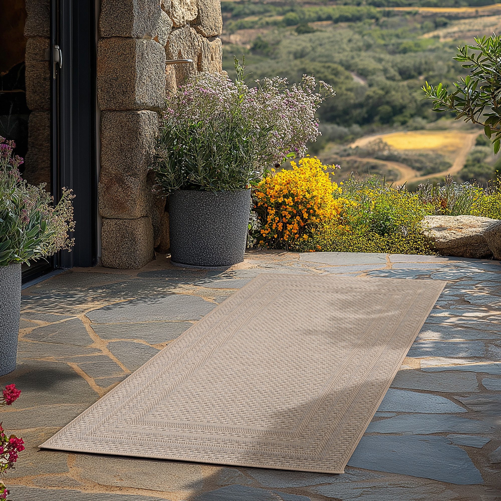 Teppium Teppich Schlichter Flatweave Teppich mit Rahmen, Rechteckig, Höhe: 5 mm, Indoor Outdoor Teppich Wetterfest 3D Optik Wohnzimmer Küchen Terrasse