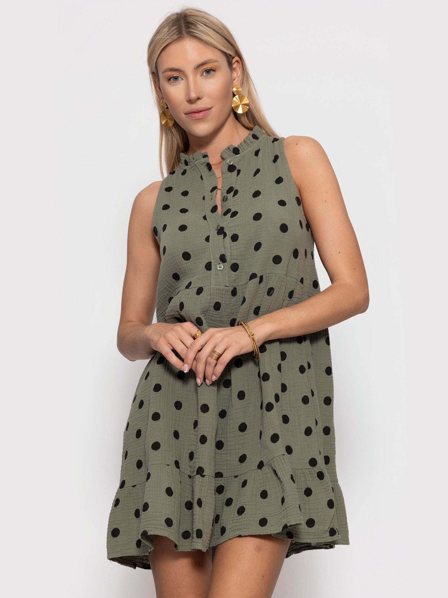 SASSYCLASSY Midikleid Ärmelloses Musselinkleid mit Volants für Damen Luftiges Sommerkleid aus Musselin in Punkte Print mit Stehkragen