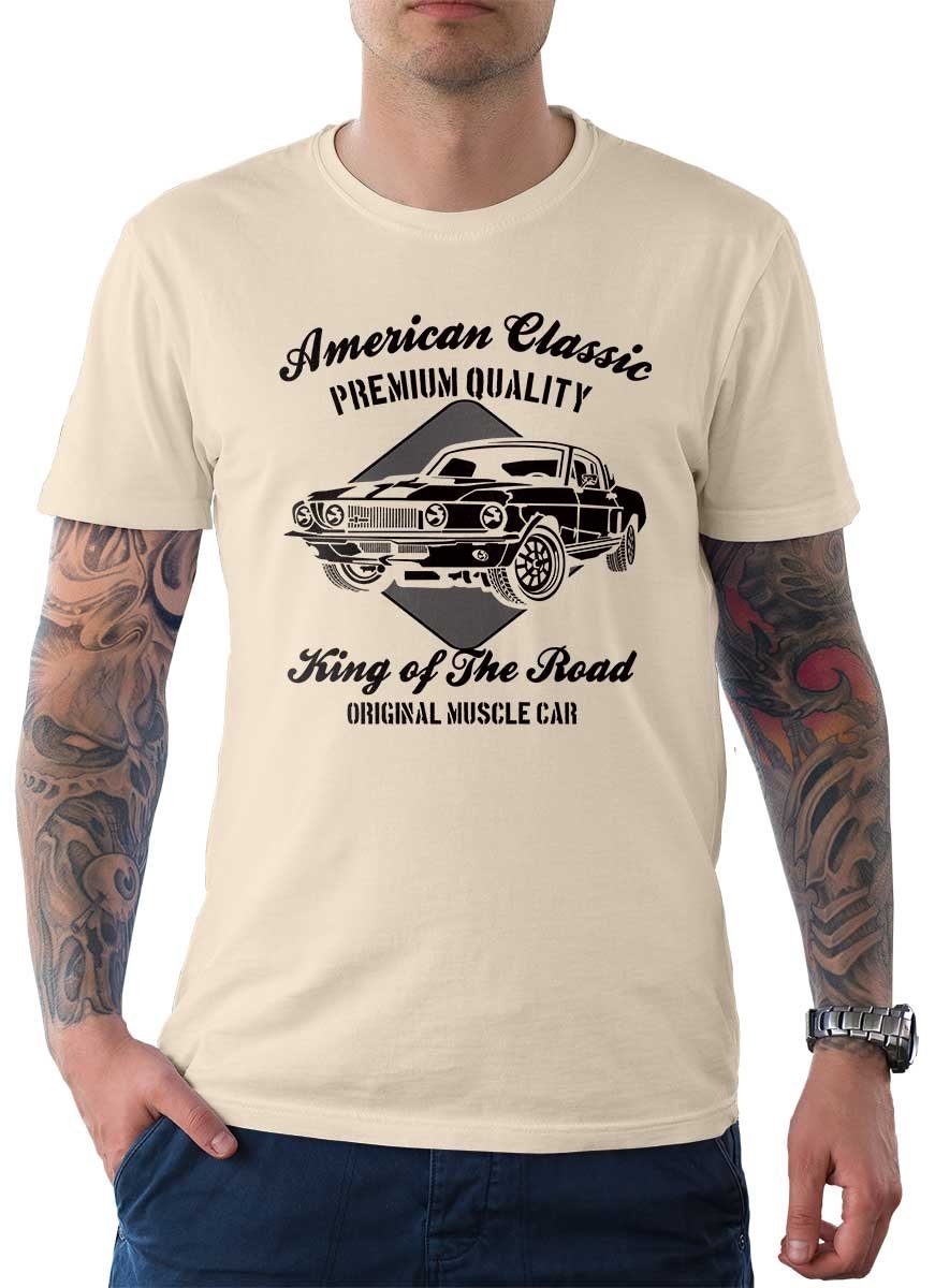 Rebel On Wheels Cream T-Shirt / Motiv T-Shirt Herren mit American US-Car Classics Car Auto Tee