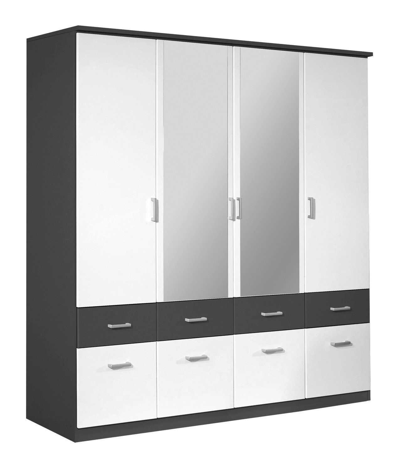 rauch Kleiderschrank BREMEN, grau, weiß, Breite 181 cm, Höhe 199 cm mit 2 Spiegeltüren, 2 Türen und 8 Schubladen