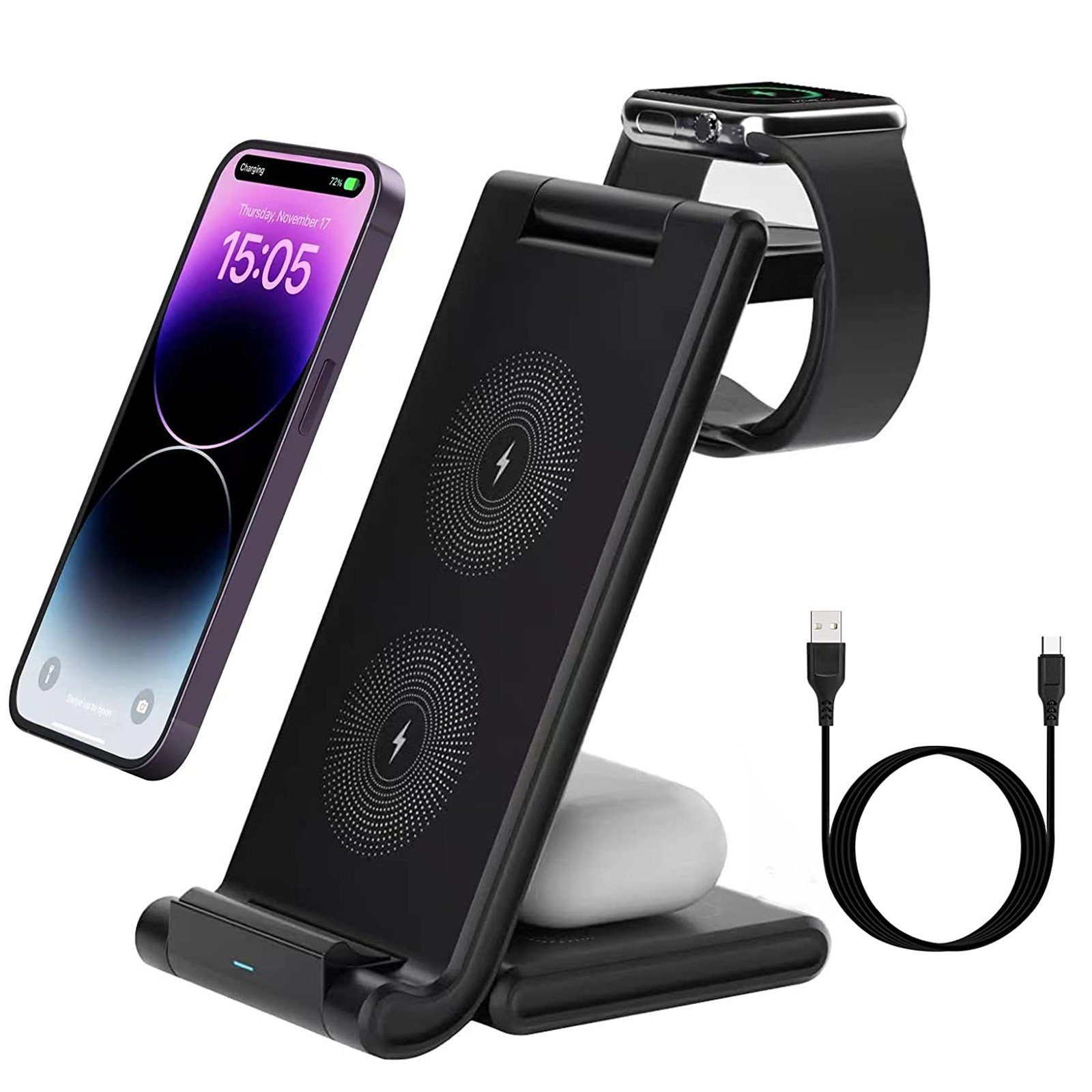 Tisoutec Kabelloses Ladegerät,Induktive Ladestation 4 in 1, Induktions- Ladegerät (Wireless Charger für Apple Watch und iPhone,MagSafe Ladegerät/ladestation  Apple Watch und iPhone/Induktive Ladestation Wireless Charger  Einstellbar/schneller kabelloser