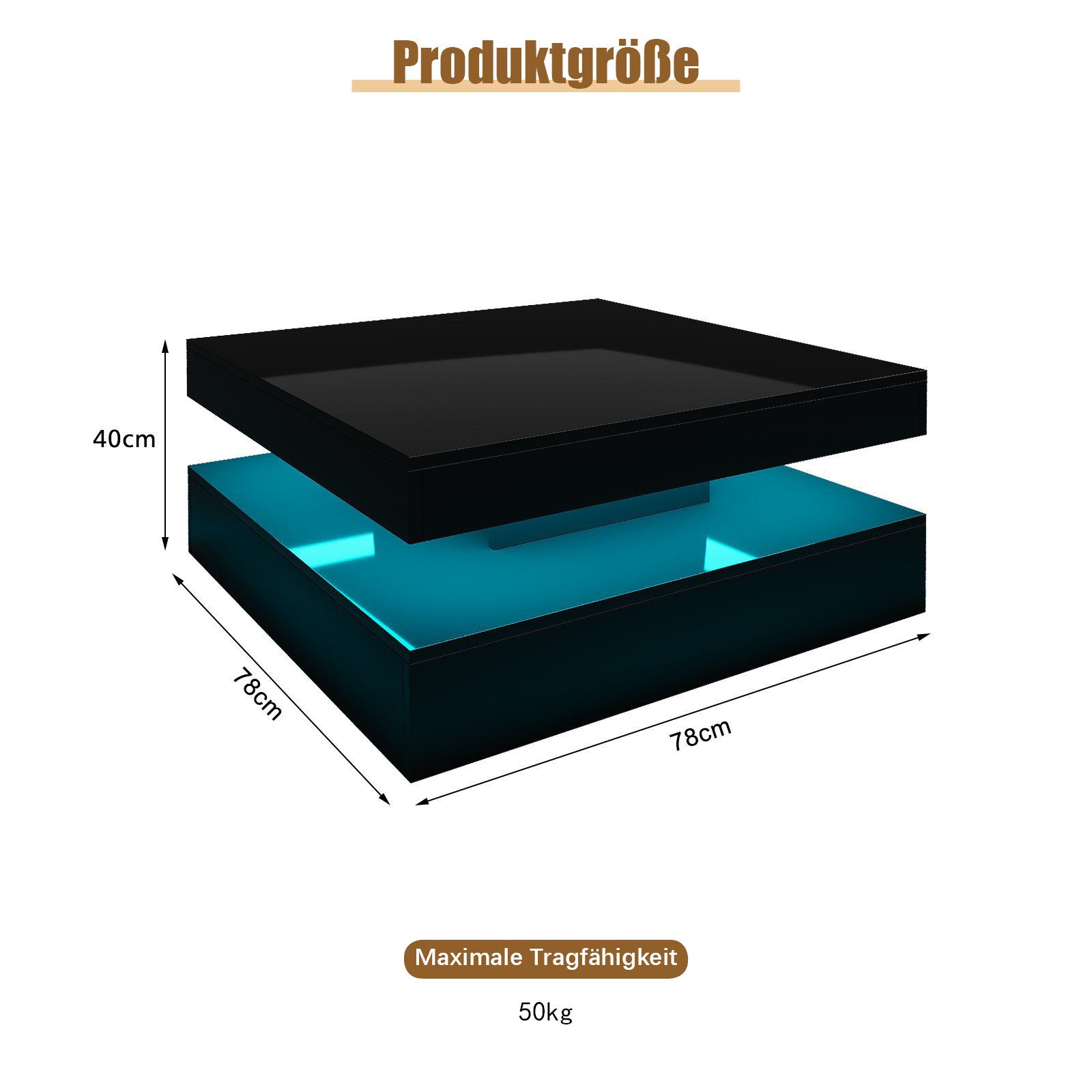 radelldar Couchtisch Quadratisch LED-Beleuchtung 2-in-1 (1-St), Moderner Wohnzimmertisch 78x78 cm mit Fernbedienung – Bild 2 von 5