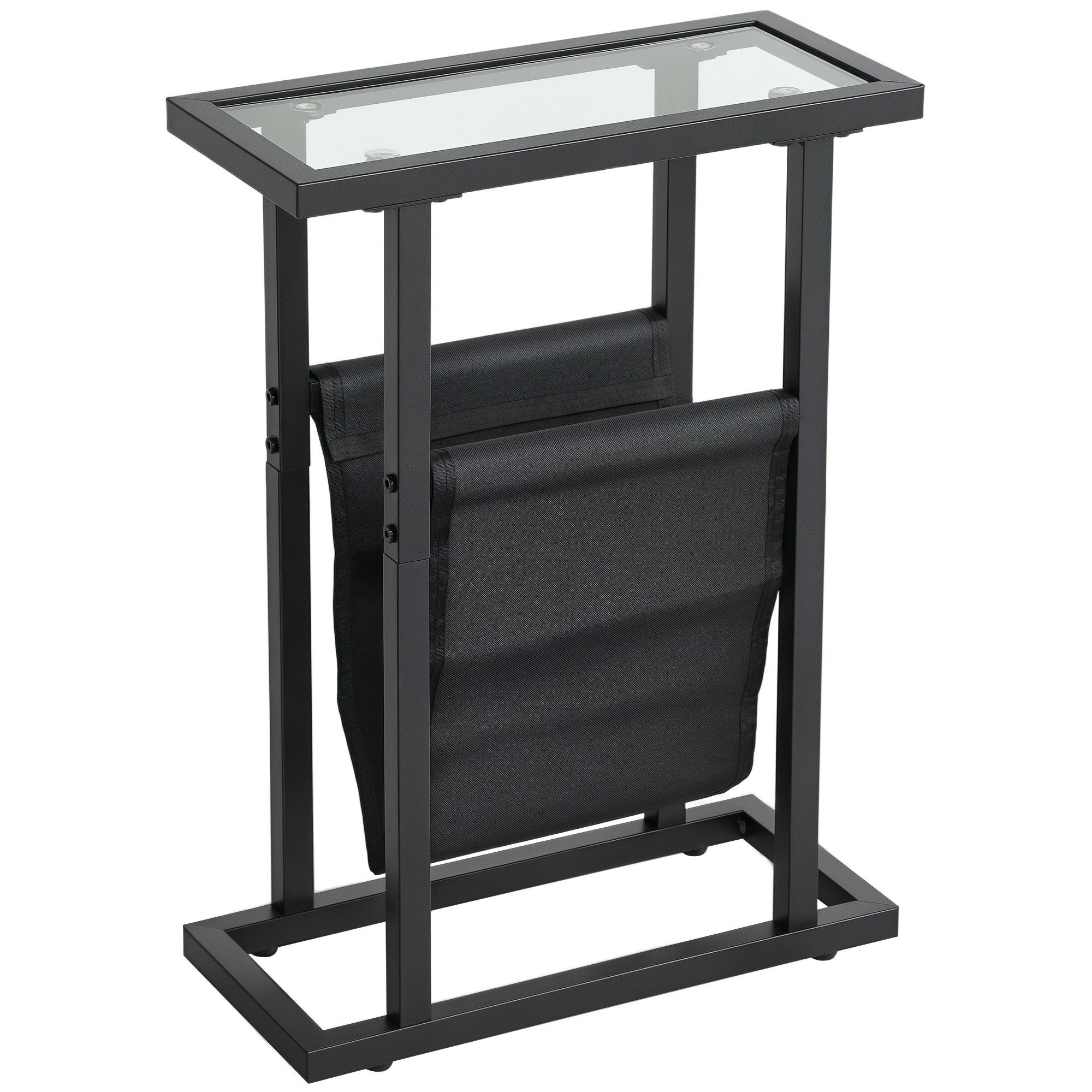 HOMCOM Beistelltisch mit Stofftasche, Metallrahmen, Glasplatte (Couchtisch, 1-St., Nachttisch), für Wohnzimmer, Schlafzimmer, Schwarz, 40 x 18 x 55,5 cm