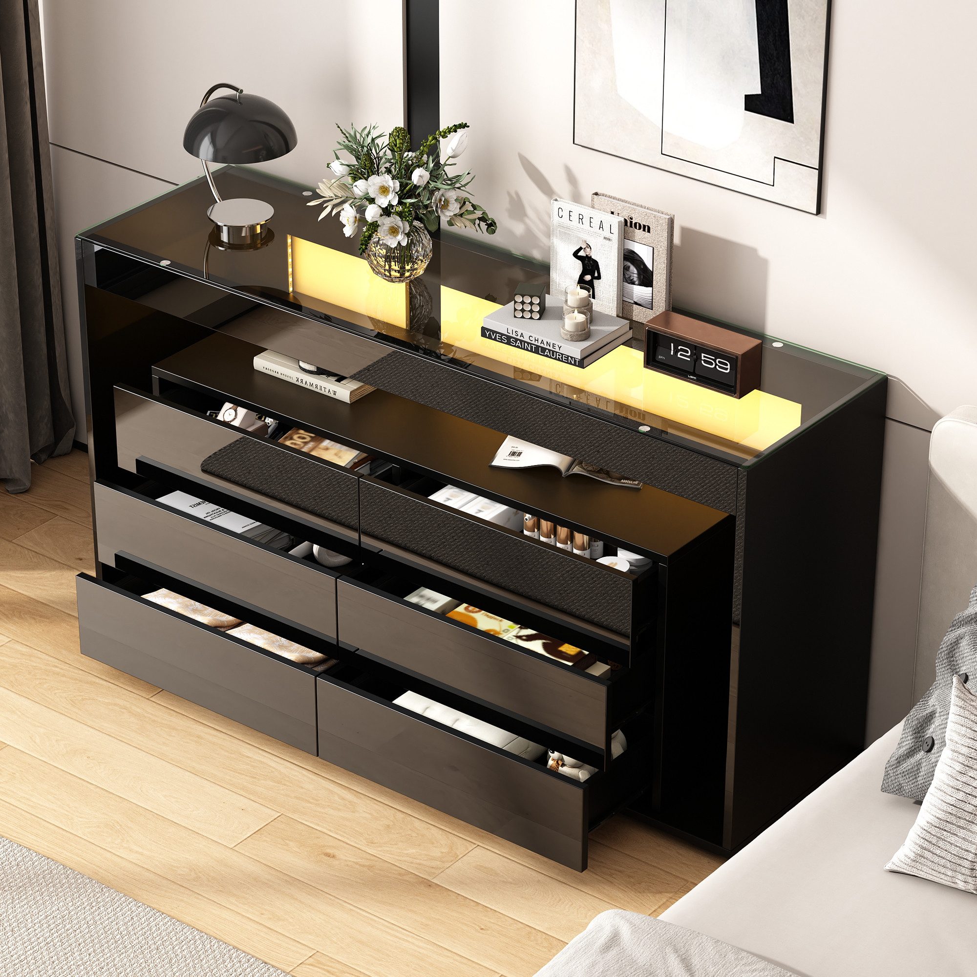 STILVORA Wohnzimmer-Set Sideboard wohnzimmer schwarz,LED-Hochglanz-Kommde m günstig online kaufen
