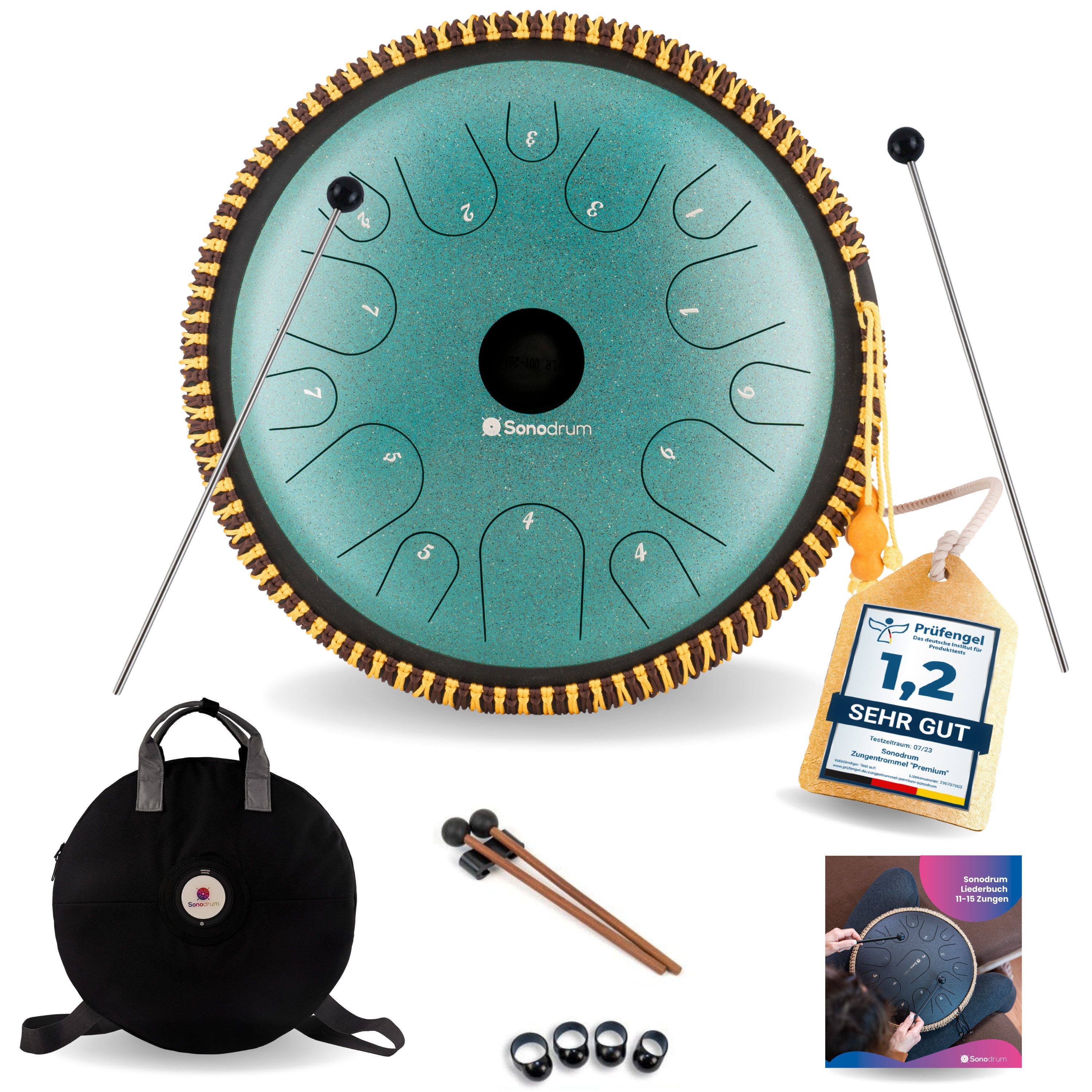 Sonodrum Steel Tongue Drum "Exclusive", C-Dur, 38 cm, 14 Zungen inkl. Liederbuch und Tragetasche