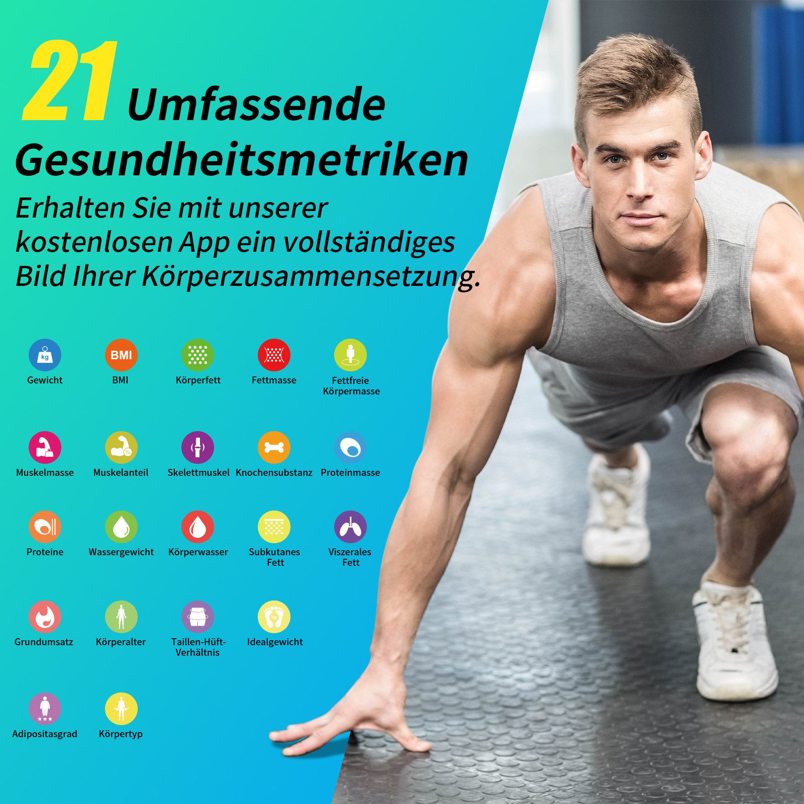 Healthkeep Körper-Analyse-Waage Intelligente Körperwaage mit 8 Elektroden für 21 Körperdaten, Hochpräzise BIA-Messung mit doppelter Frequenz, kompatibel mit App – Bild 3 von 5