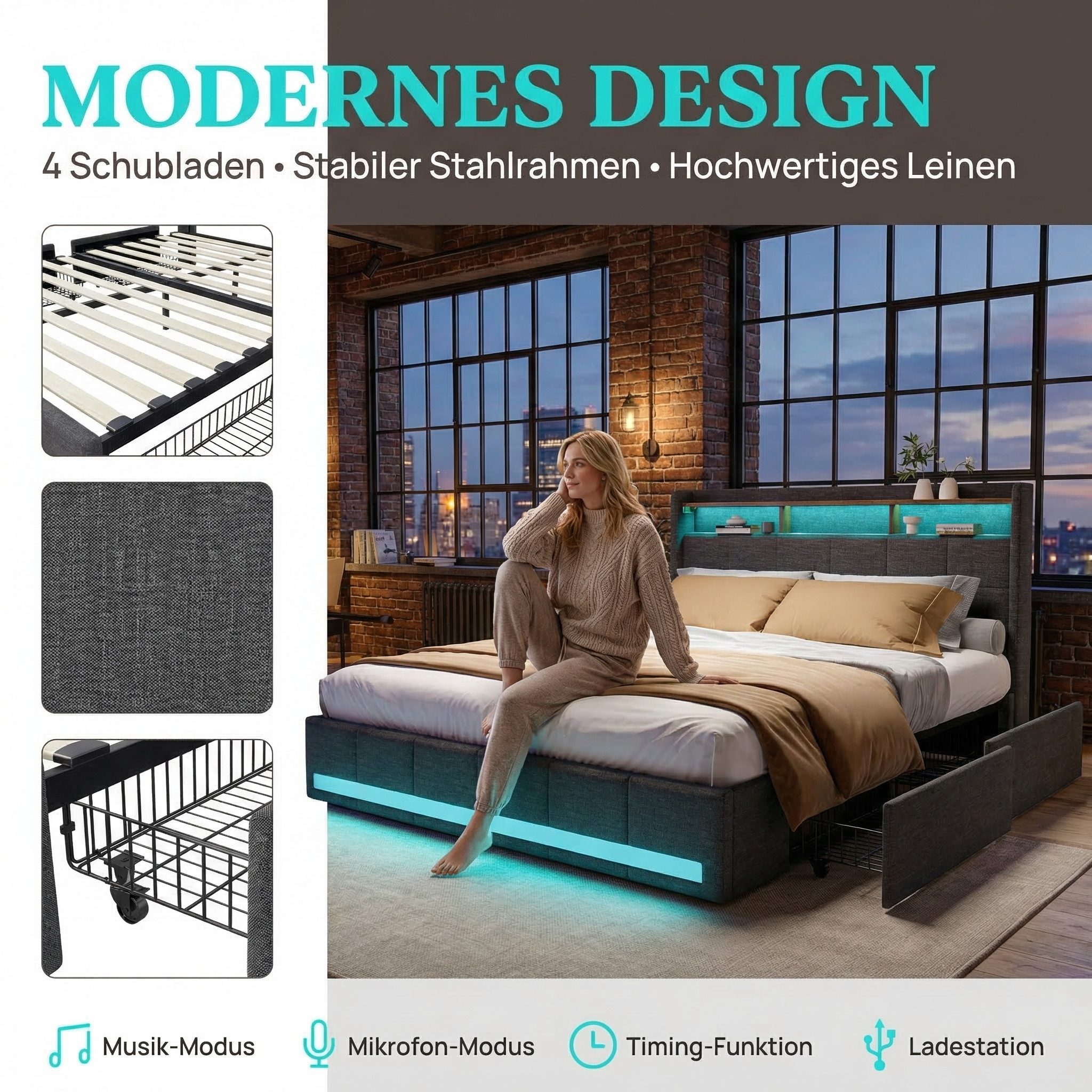 PXloue Polsterbett LED Doppelbett Stauraumbett, mit USB-Laden und Stauraum am Kopfteil,Leinen,180x200 cm