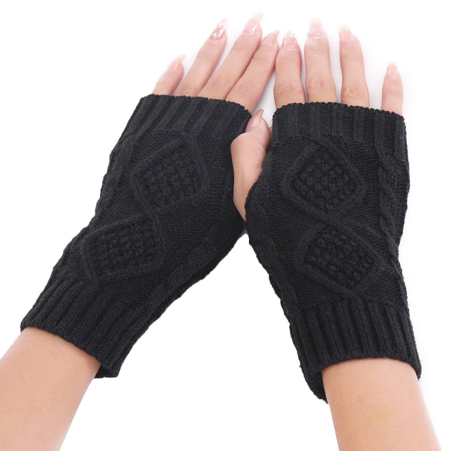 MAGICSHE Strickhandschuhe Fingerlose Handschuhe Damen Winter Wärmer Gestrickte Schwarz