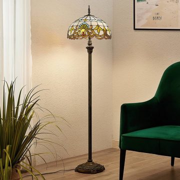 Lindby Stehlampe Audrey, Leuchtmittel nicht inklusive, Tiffany, bleifreies Glas, Stahl, multicolour, braun antik, 2 flammig