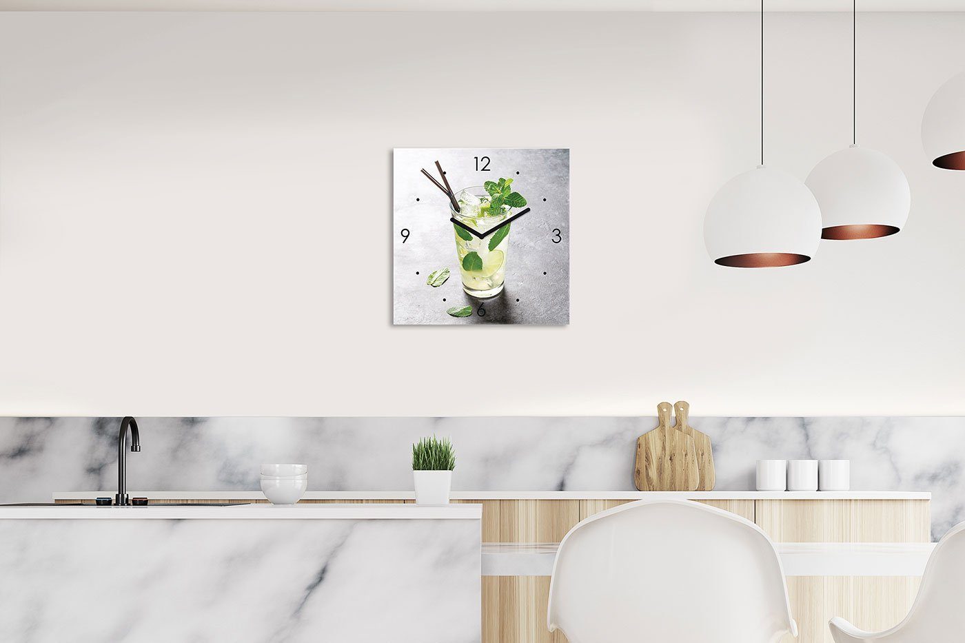 Levandeo® Wanduhr (Wanduhr Glas 30x30cm Cocktail Limette Glasuhr Uhr Glasbi günstig online kaufen