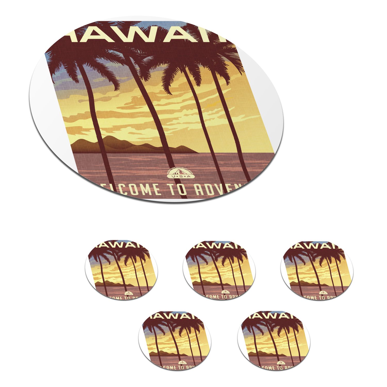 MuchoWow Glasuntersetzer Hawaii - Jahrgang - Palme, Zubehör für Gläser, 6-tlg., Getränkeuntersetzer, Tassenuntersetzer, Korkuntersetzer, Tasse, Becher