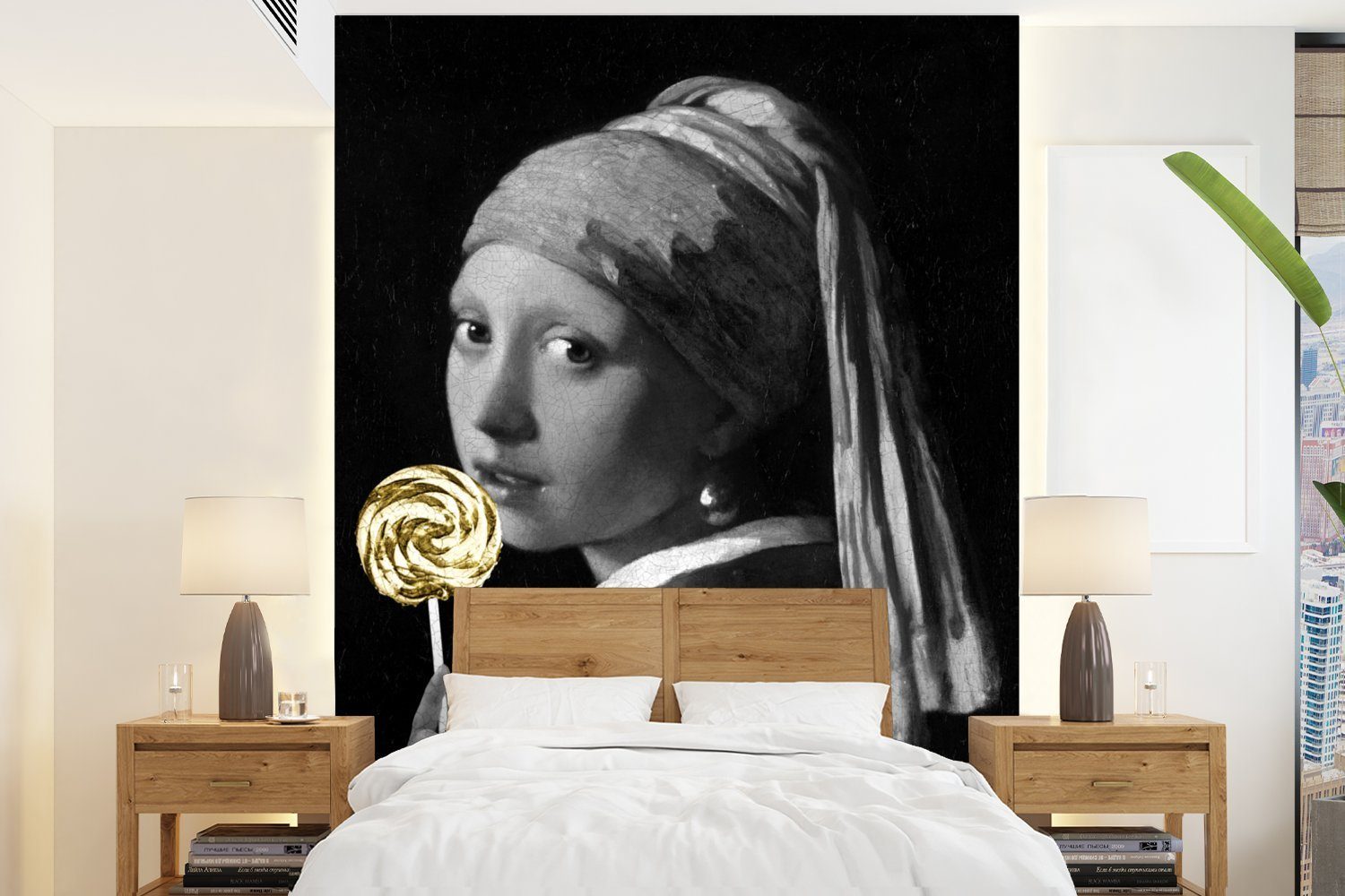 MuchoWow Fototapete Mädchen mit Perlenohrring - Vermeer - Lollipop - Gold, Matt, bedruckt, (4 St), Montagefertig Vinyl Tapete für Wohnzimmer, Wandtapete