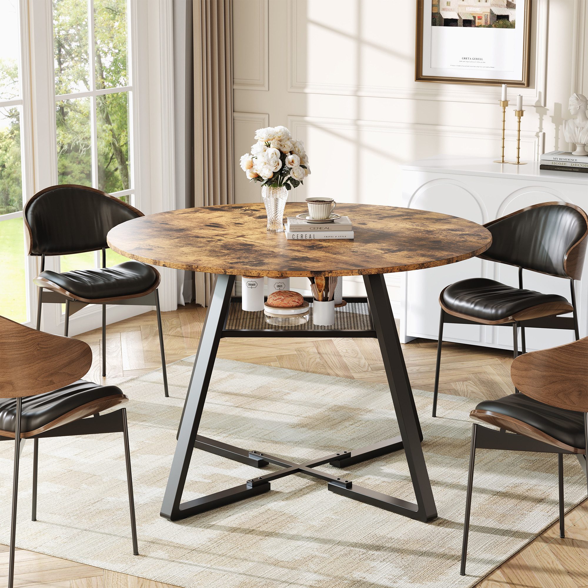 FUROKOY Esstisch runder Küchentisch Esszimmertisch Wohnzimmertisch (Esstisch runder 47 Zoll aus Holz), für 4-6 Personen,Esszimmer,Küche,Wohnzimmer
