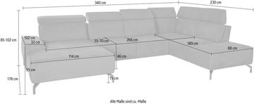 sit&more Wohnlandschaft Gizeh U-Form, 15 cm Fußhöhe, inklusive Sitztiefenverstellung und Kopfteilverstellung