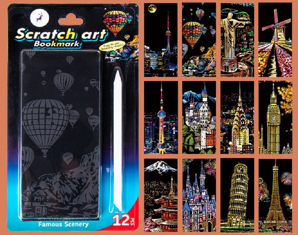 101DIYStudio Kreativset Kratzbilder Scratch Card 12 Stück, Stilvoll und Einzigartig, (16 cm x 7 cm, Inkl. Stift), Verschiedene Landschaften