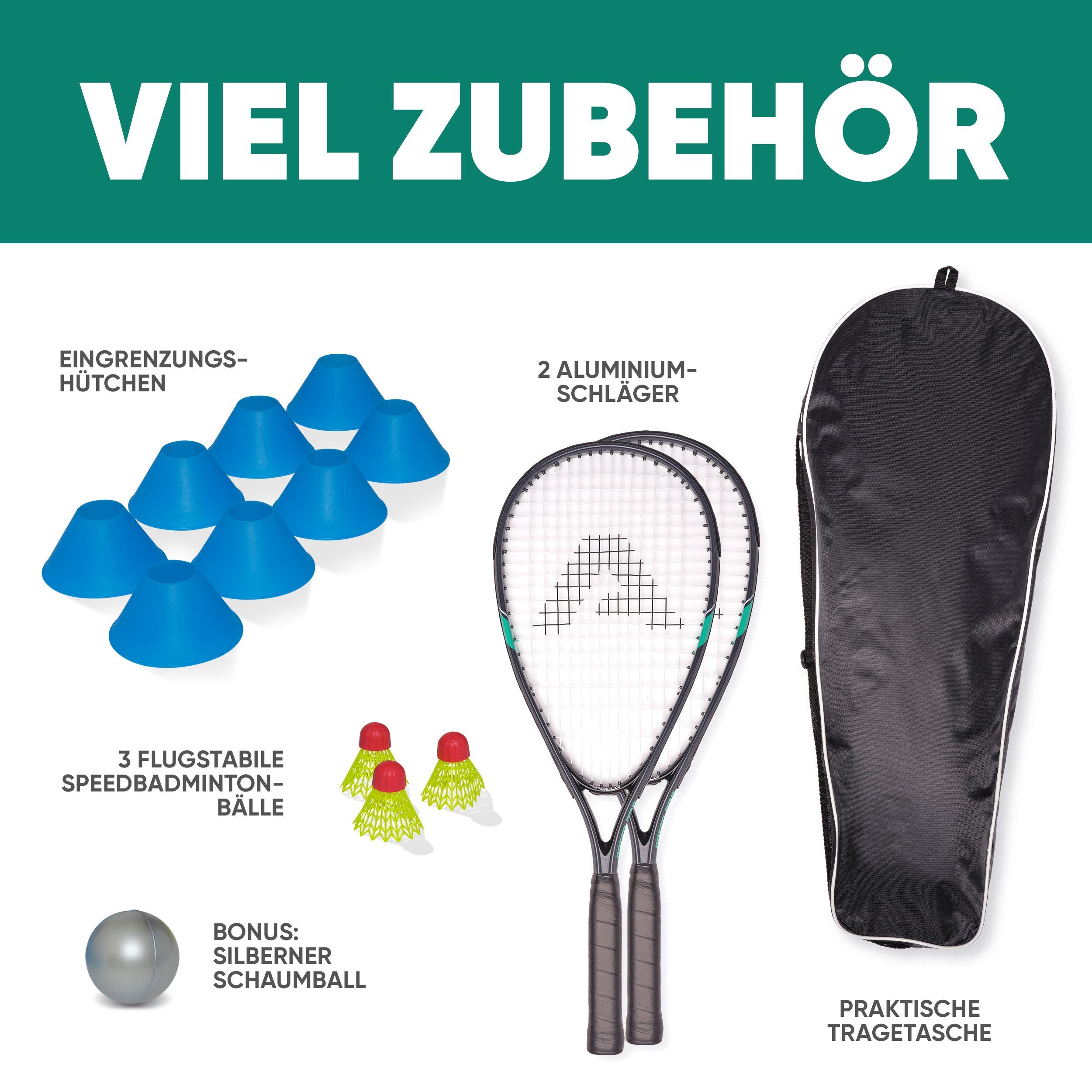Apollo Speed-Badmintonschläger Badminton Schläger Set Kinder Speed Pro, (Set, inkl. Tragetasche, Federbällen, Schaumball und Hütchen), inkl. Tragetasche, Federbällen, Schaumball und Hütchen