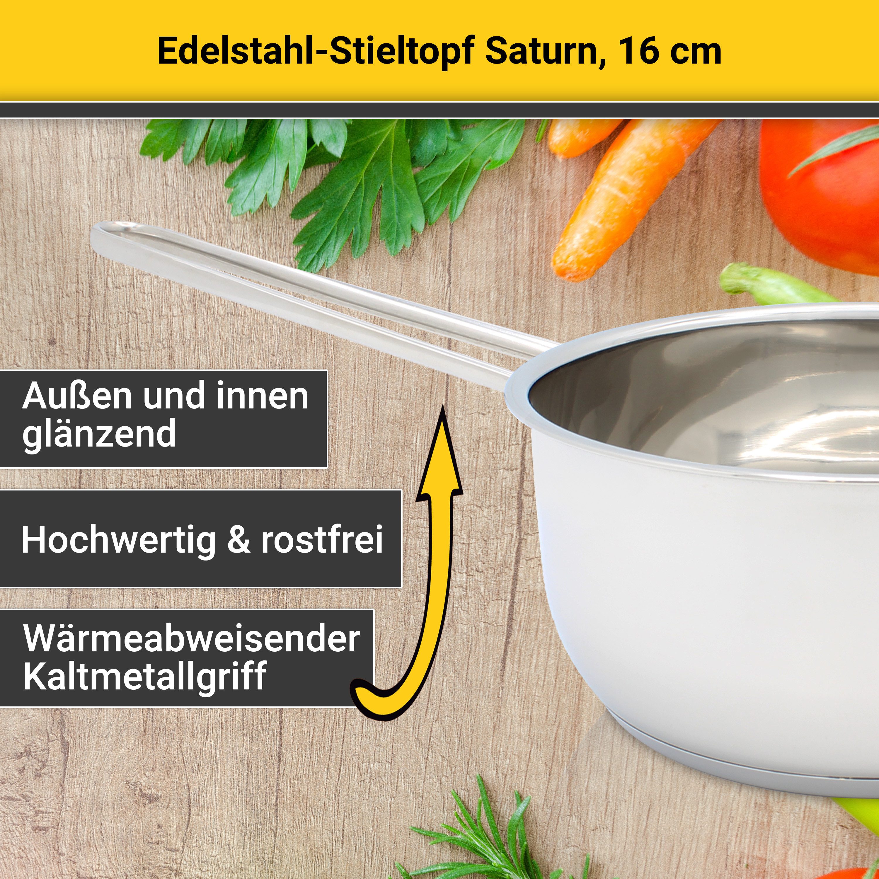 Krüger Kasserolle Saturn, Edelstahl (1-tlg), Ø 16 cm, Glasdeckel für praktisches Sichtkochen