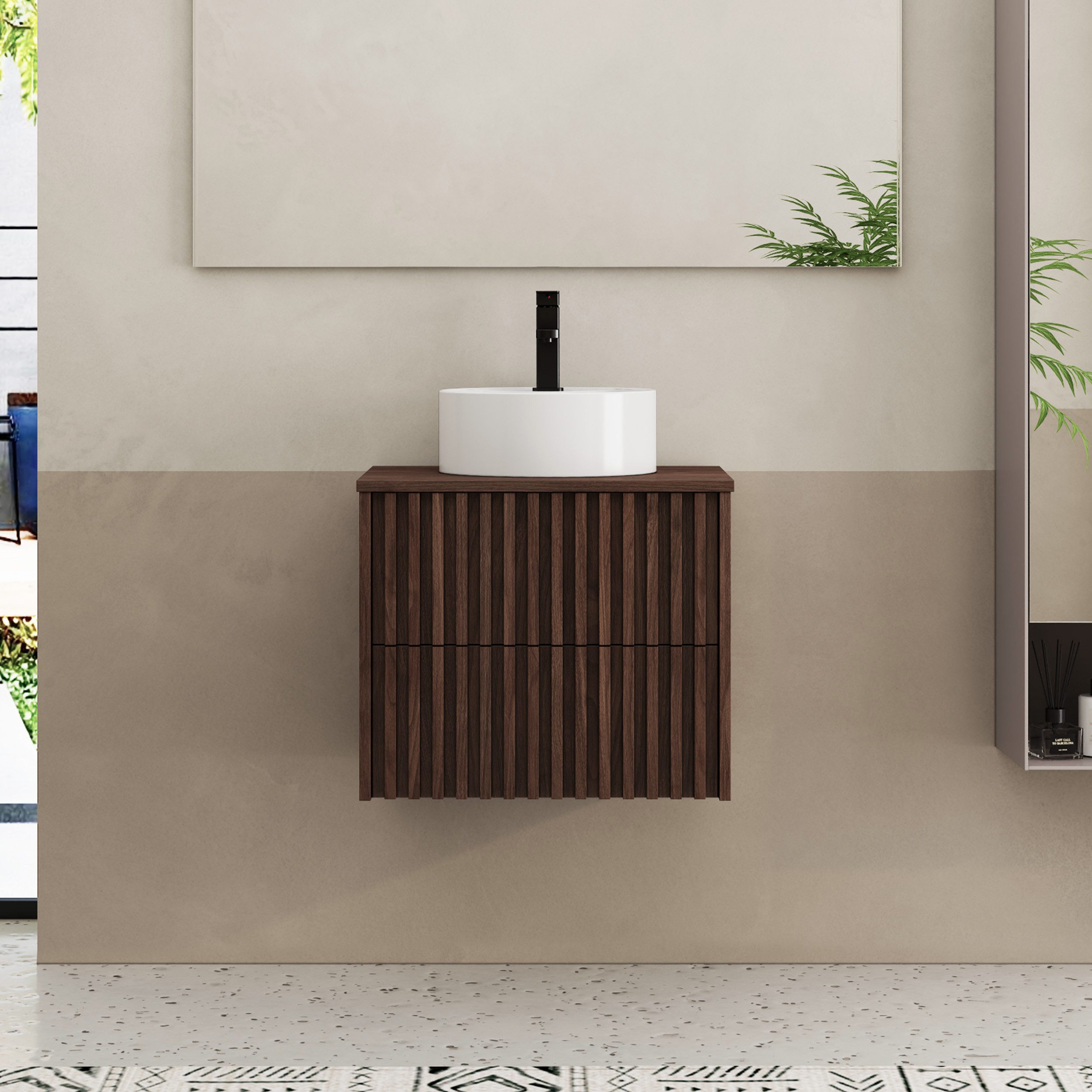 UEV Waschtisch mit Unterschrank hängend Rundes Keramikwaschbecken (Komplett-Set Badmöbel, Badezimmmer Schrank, mit Wasserhahn und Pop-up-Ablassventil Aufsatz-Waschbecken), Soft-close Schubladen,Waschbeckenunterschrank mit 2 Schubladen