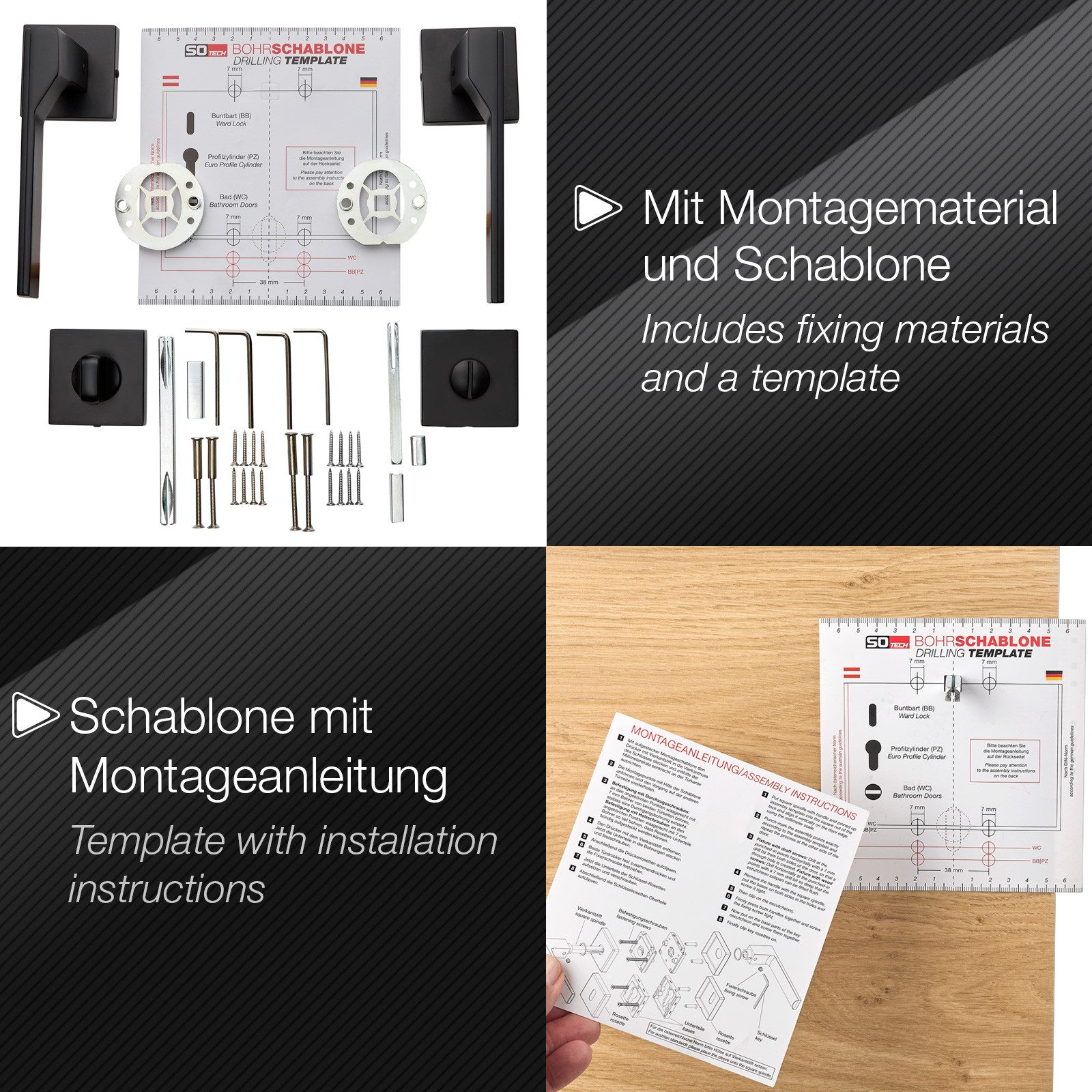 SO-TECH® Drückergarnitur Türdrücker HENRIK Aluguss schwarz inkl. Befestigungsmaterial, Spar-Set, 1-tlg., mit Papier-Bohrschablone, mit WC-Rosetten - für Bad / W – Bild 4 von 5