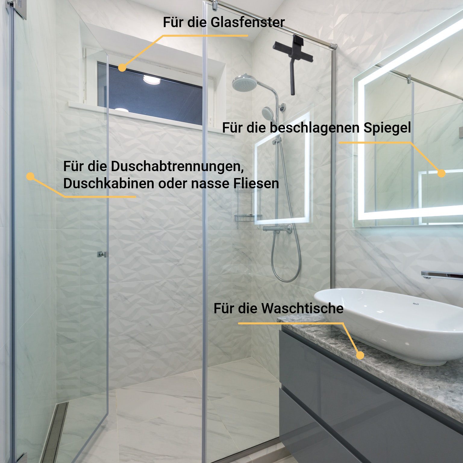 WITEN&NOCK Duschabzieher Wasserabzieher schwarz Edelstahl-Griff Glaswischer Abzieher für Dusche, (1-St), ohne Bohr – Bild 4 von 5